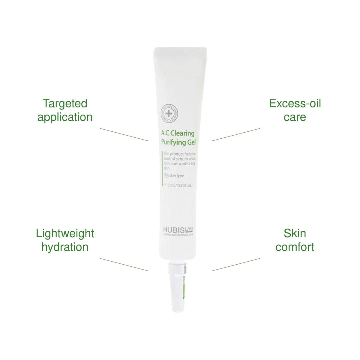 HUBISLAB Purifying Gel 15 ml with Targeted application, Excess-oil care, Lightweight hydration, Skin comfort benefits callouts.