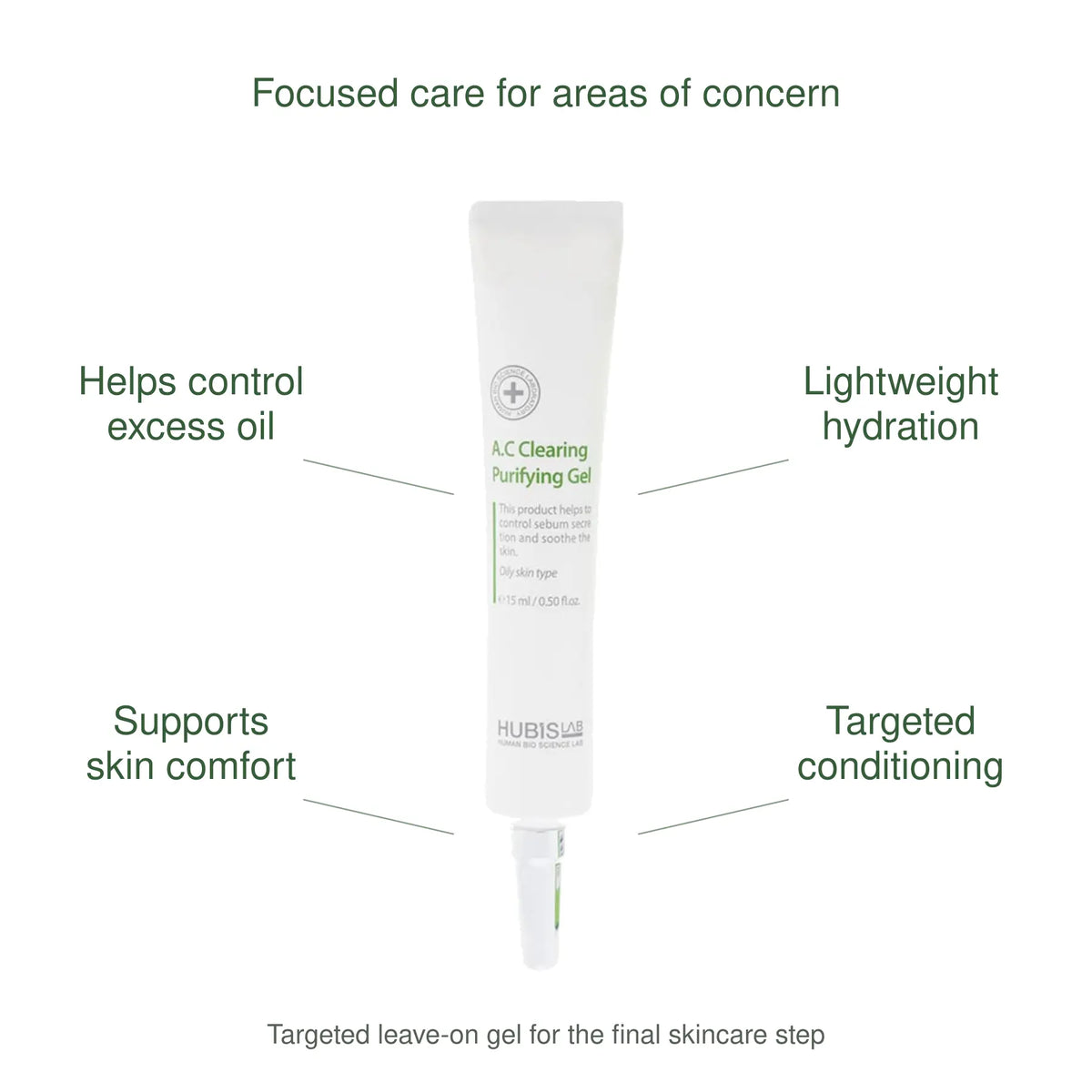 HUBISLAB Purifying Gel 15 ml benefits: Helps control excess oil, Lightweight hydration, Supports skin comfort, Targeted conditioning. Targeted leave-on gel for the final skincare step.