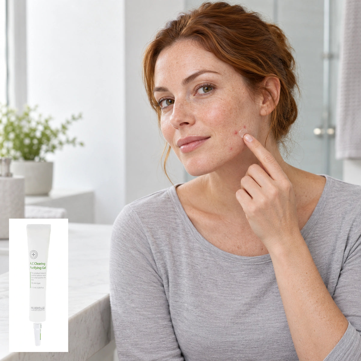 Adult client applying a clear gel to a targeted area of her cheek at home, with the genuine HUBISLAB Purifying Gel 15 ml tube shown separately.
