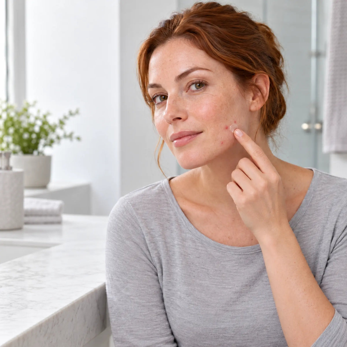 Adult client illustrating targeted gel application to an area of concern on her cheek at home.