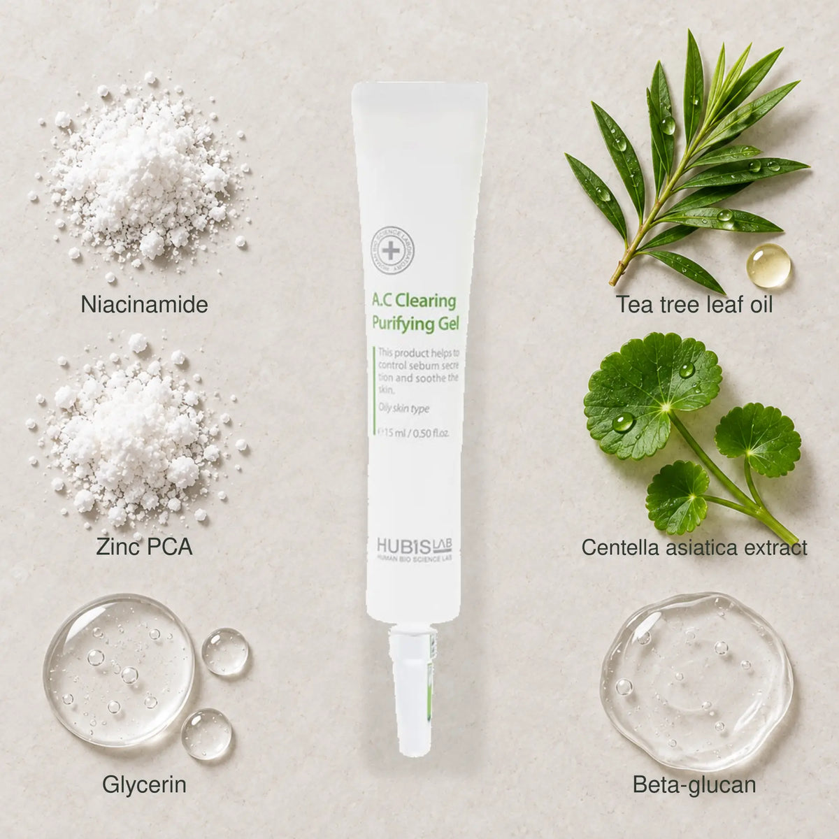 HUBISLAB Purifying Gel 15 ml with an illustrative composition of Niacinamide, Tea tree leaf oil, Zinc PCA, Centella asiatica extract, Glycerin, Beta-glucan.