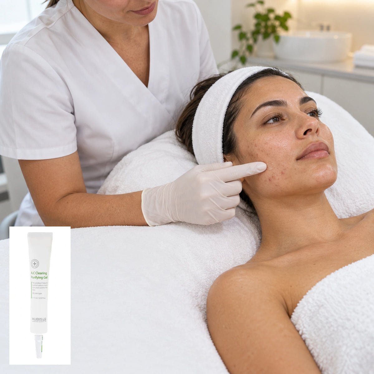Therapist applying a clear gel to a targeted area of the lower cheek, with the genuine HUBISLAB Purifying Gel 15 ml tube shown separately.