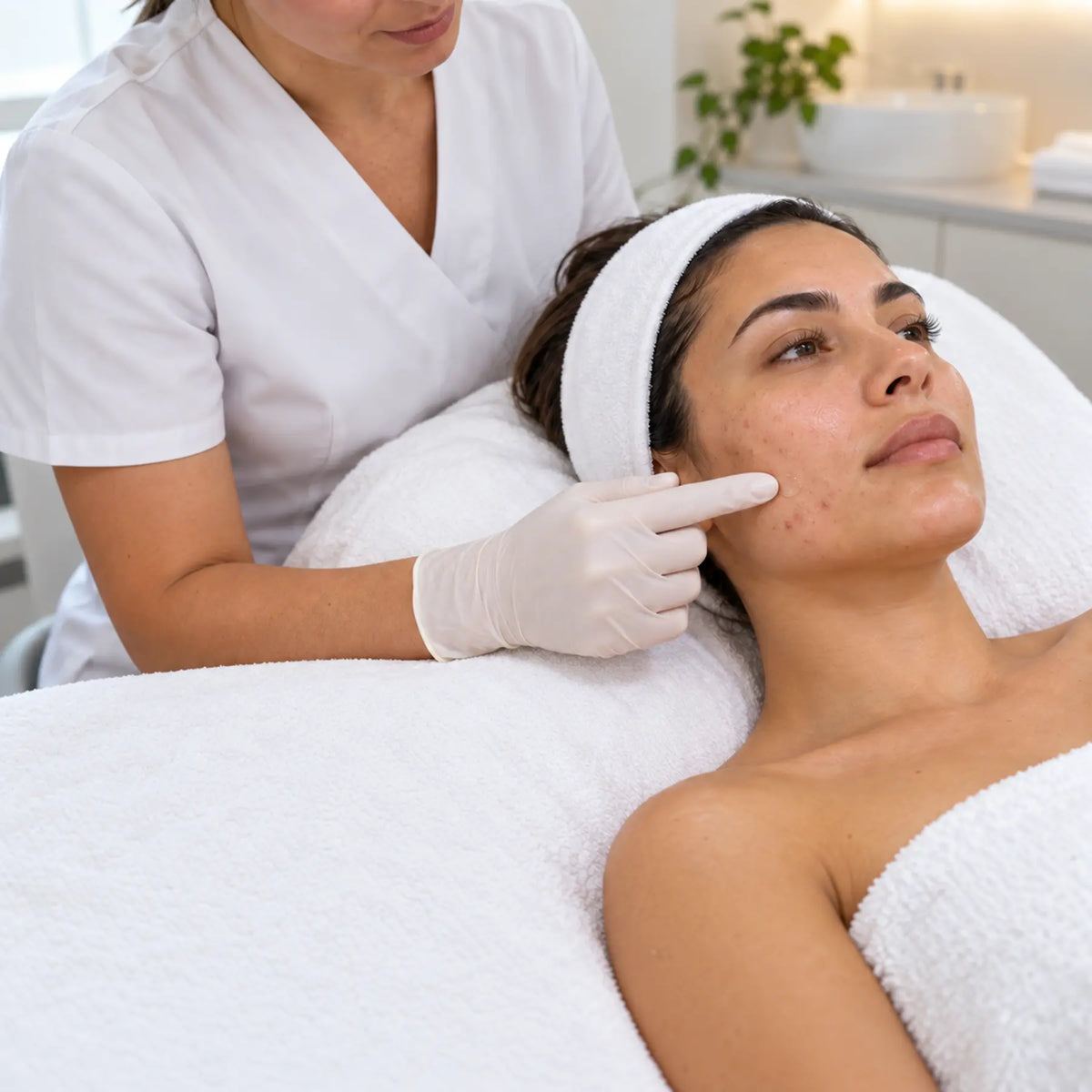 Therapist illustrating targeted gel application to a selected area of the cheek in a professional treatment setting.