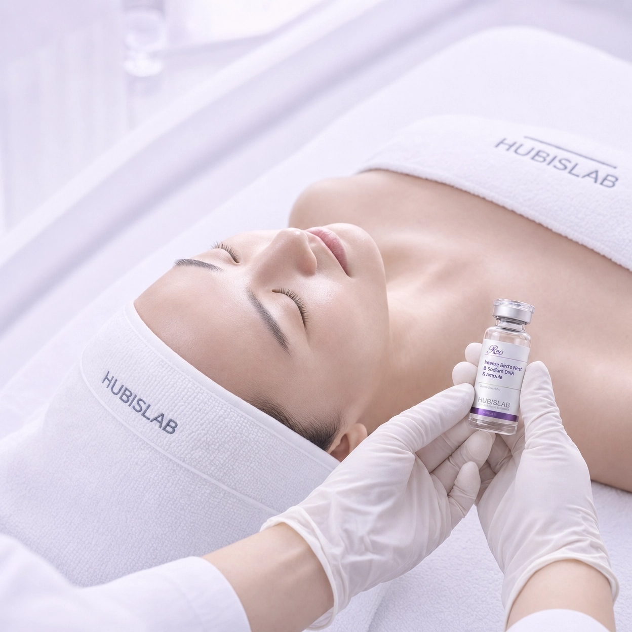 Hubislab R20 Intense Bird’s Nest and Sodium DNA Ampoule used in a professional clinic facial treatment