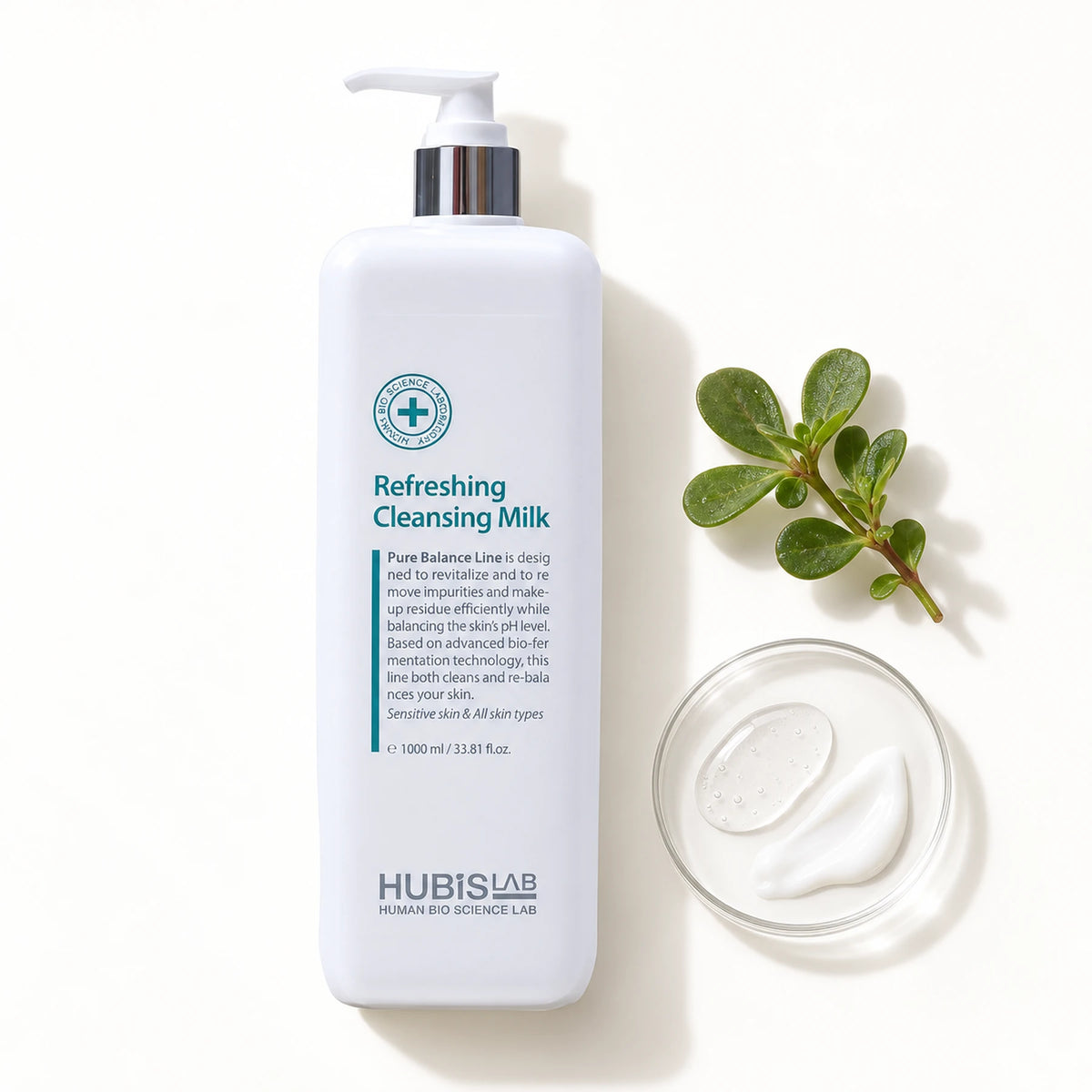 HUBISLAB Refreshing Cleansing Milk 1000 ml with purslane leaves and cleansing milk texture.