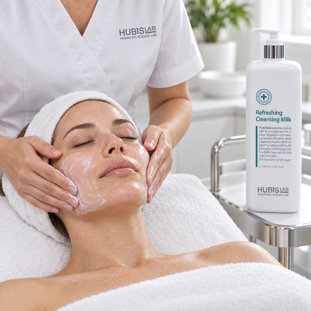 Therapist applying HUBISLAB Refreshing Cleansing Milk during a facial, with the professional 1000 ml bottle beside the treatment bed.
