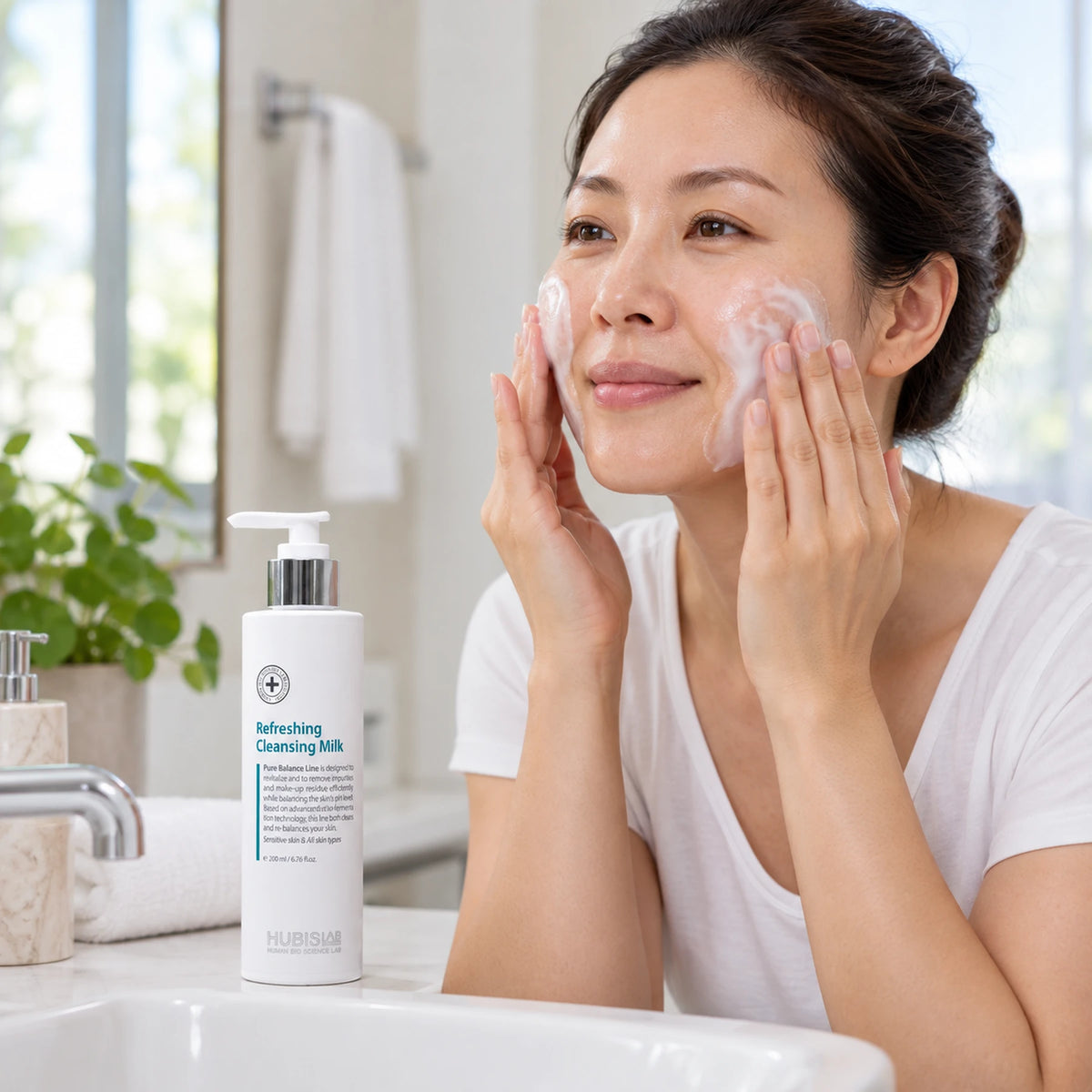 Woman applying HUBISLAB Refreshing Cleansing Milk at home, with the retail 200 ml pump bottle beside the basin.