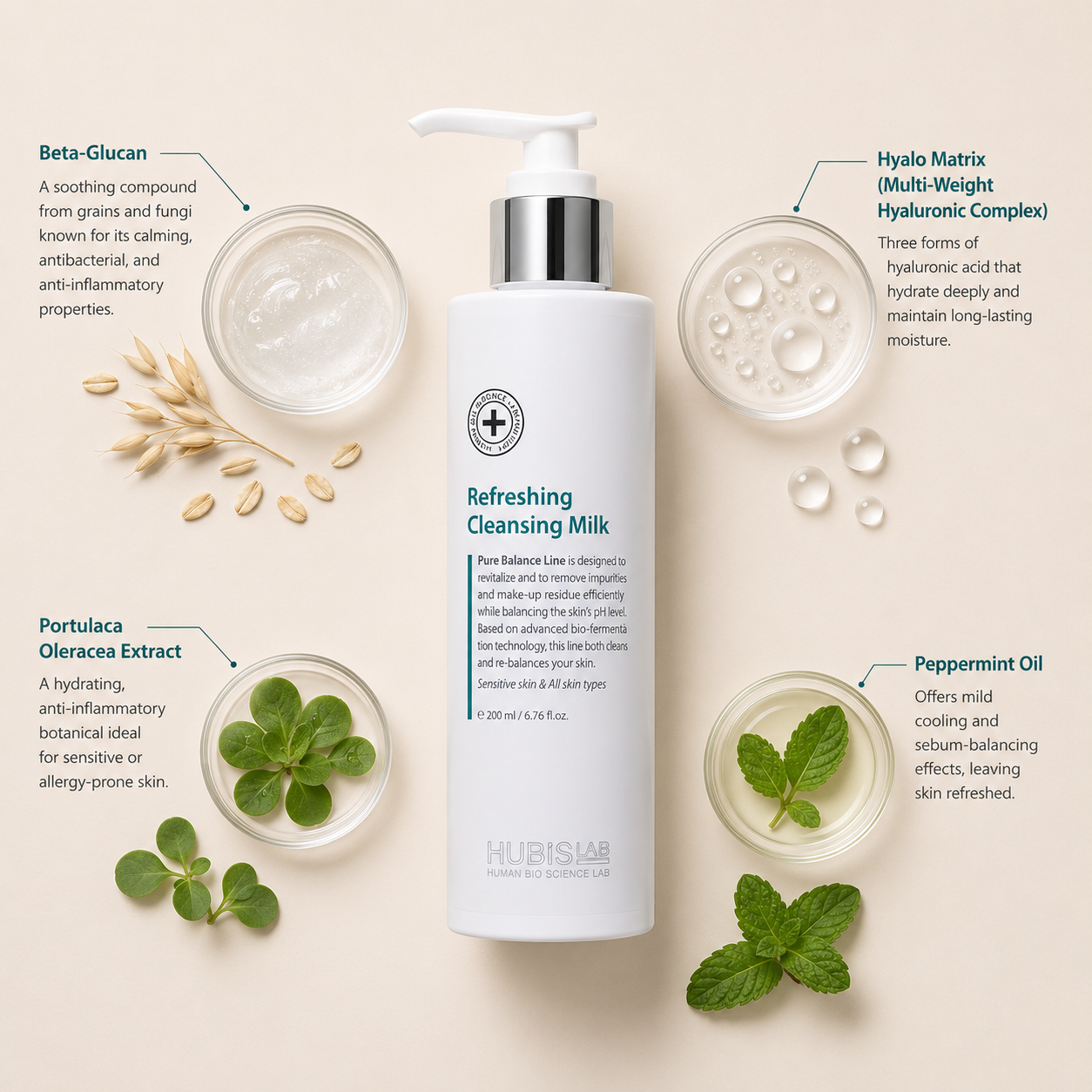 “Minimal HUBISLAB Refreshing Cleansing Milk ingredient flatlay featuring Beta-Glucan, Hyalo Matrix Multi-Weight Hyaluronic Complex, Portulaca Oleracea Extract, and Peppermint Oil arranged with clean spacing around the product on a soft neutral background