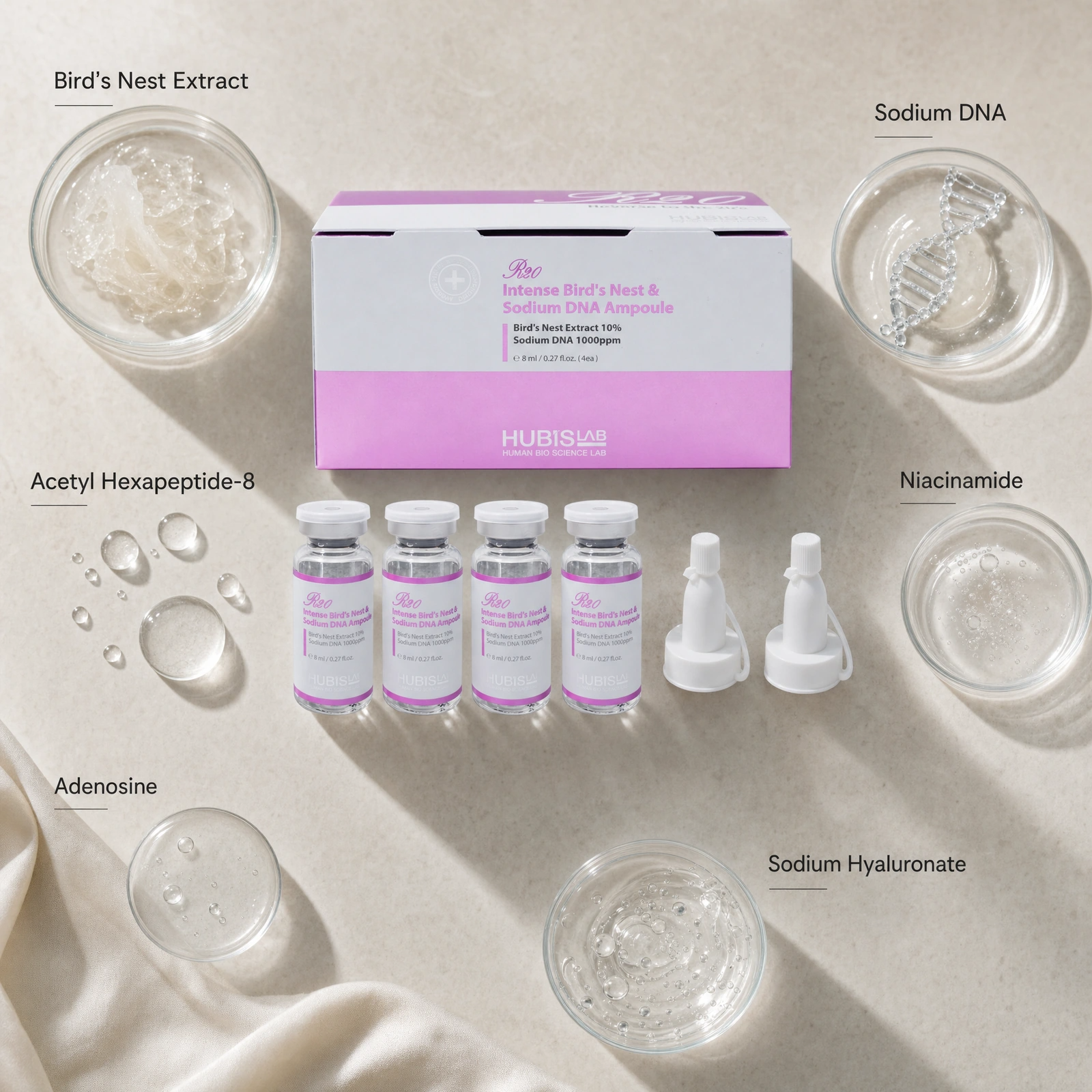 Hubislab Reo Intense Bird’s Nest and Sodium DNA Ampoule 4 x 8ml ingredient flatlay with Bird’s Nest Extract, Sodium DNA, Acetyl Hexapeptide-8, Niacinamide, Adenosine and Sodium Hyaluronate.