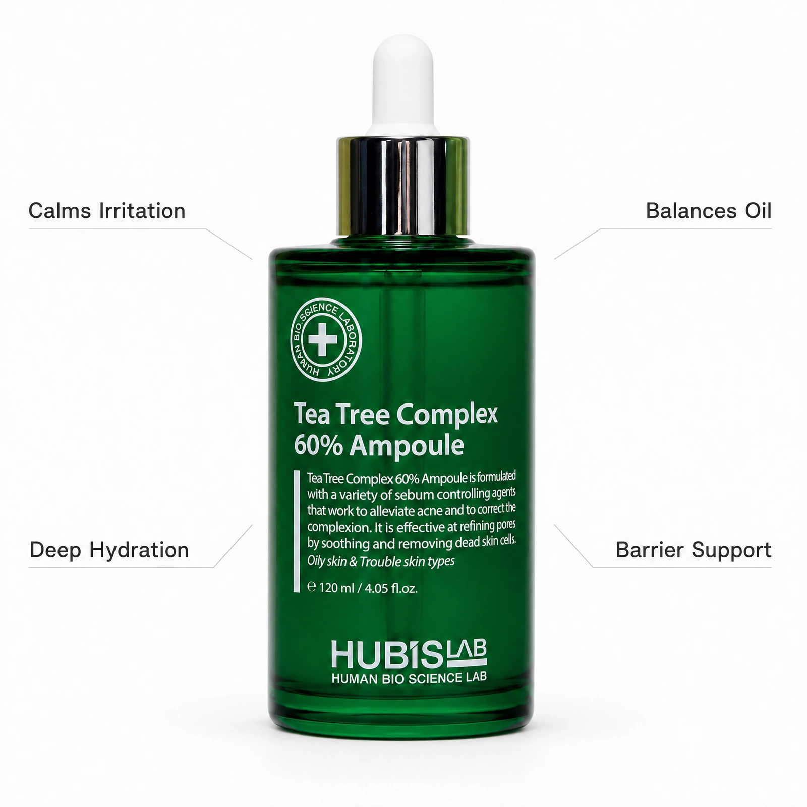 Hubislab Tea Tree Complex 60% Ampoule 120ml professional green dropper bottle with benefit callouts for calming irritation, balancing oil, deep hydration and barrier support.