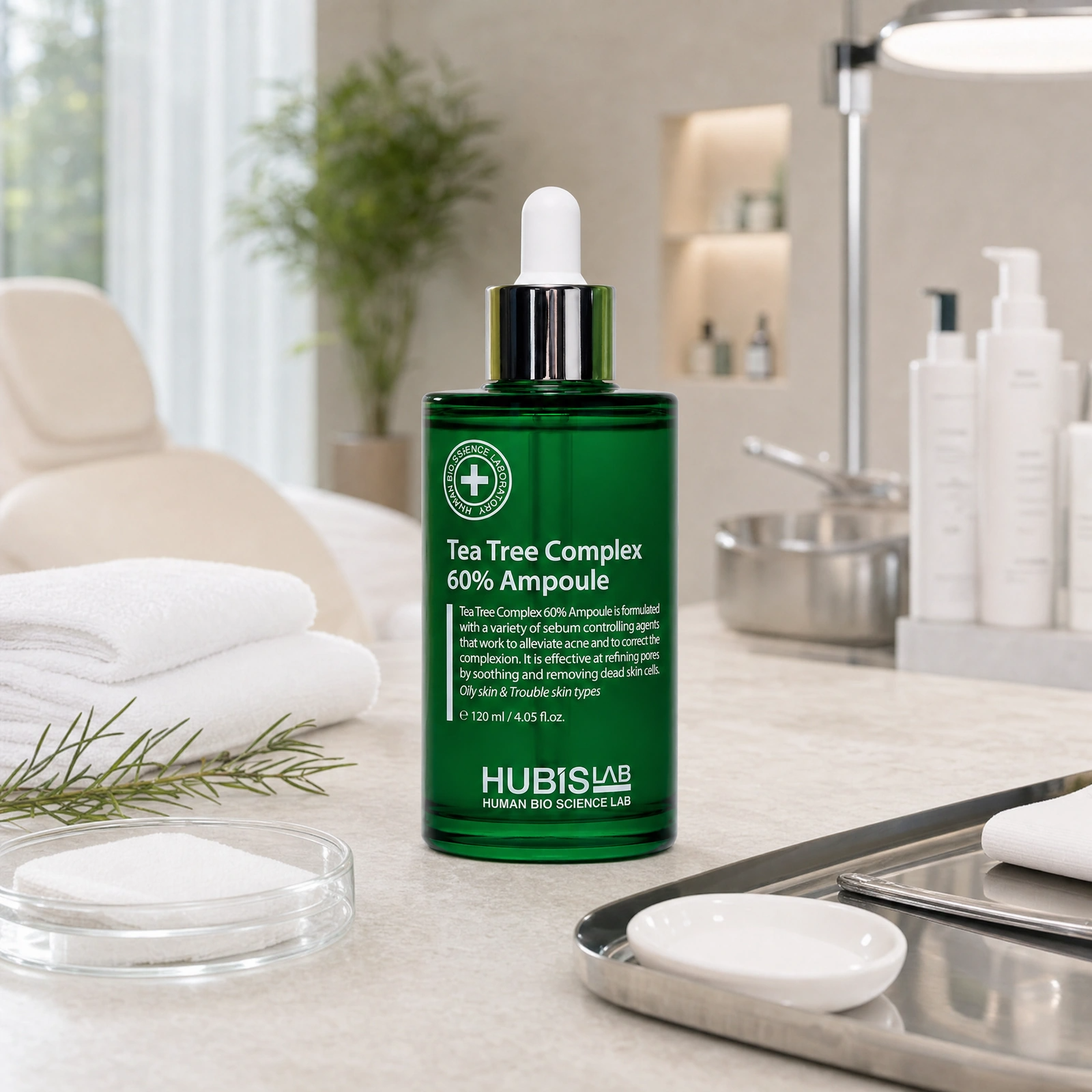 Hubislab Tea Tree Complex 60% Ampoule 120ml displayed in a premium clinical treatment-room setting for professional acne-prone skin protocols, oil balancing and irritation calming support.