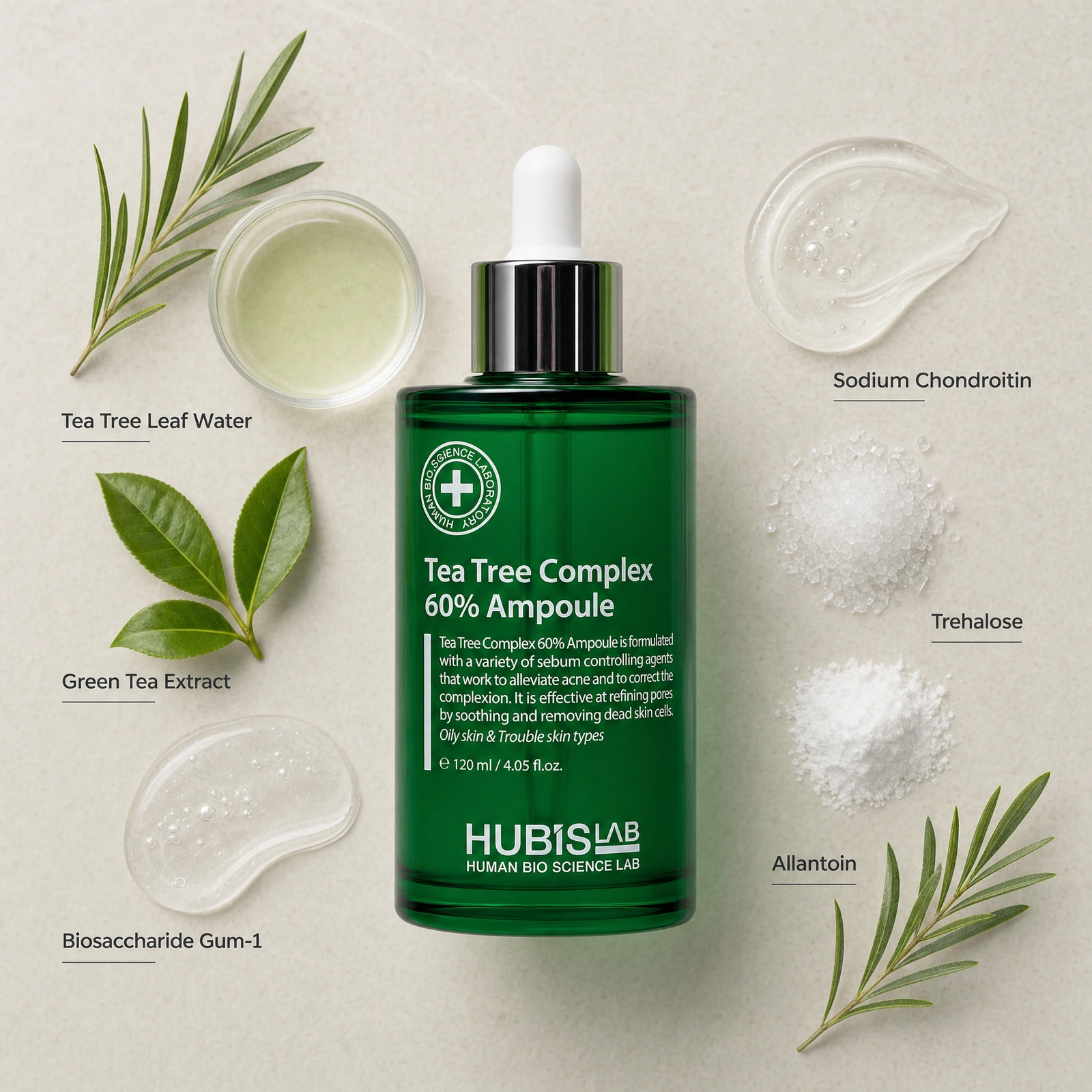 Hubislab Tea Tree Complex 60% Ampoule 120ml ingredient flatlay with Tea Tree Leaf Water, Green Tea Extract, Biosaccharide Gum-1, Sodium Chondroitin, Trehalose and Allantoin.