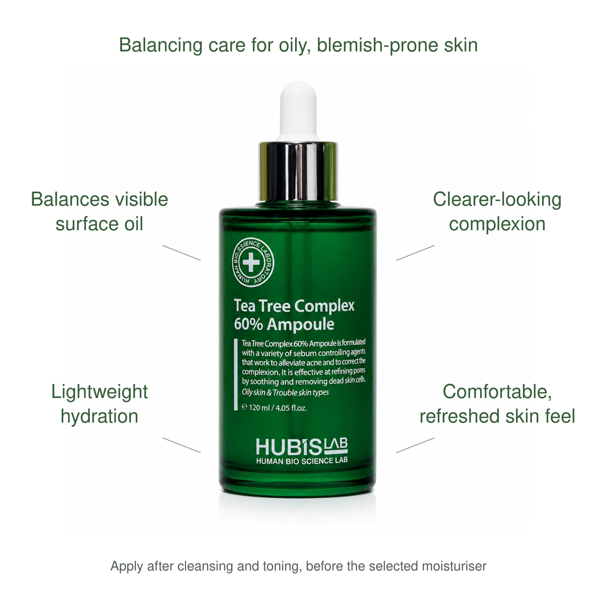 HUBISLAB tea tree complex 60 ampoule benefits: Balances visible surface oil, Clearer-looking complexion, Lightweight hydration, Comfortable, refreshed skin feel.
