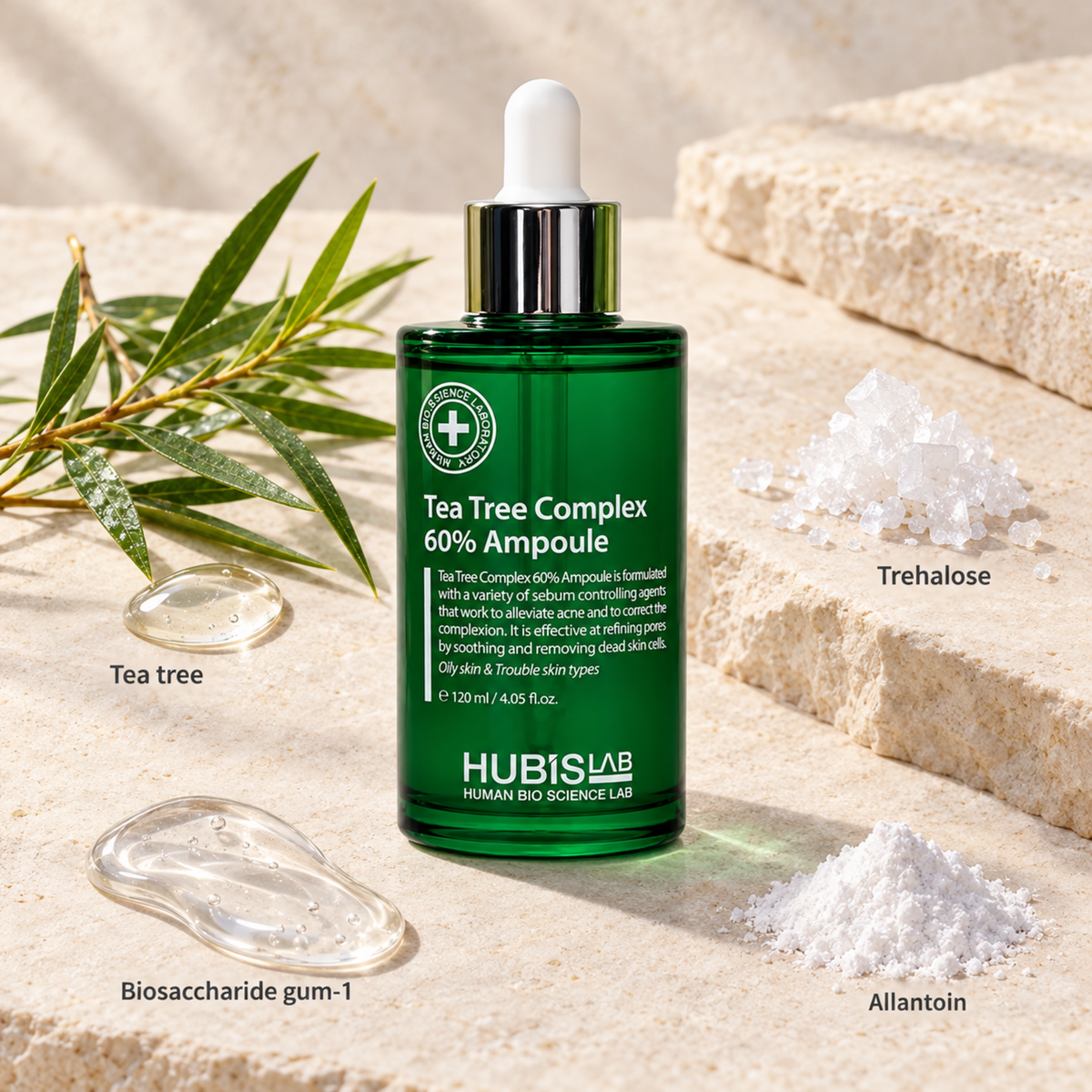 HUBISLAB tea tree complex 60 ampoule with an illustrative ingredient composition labelled Tea tree, Trehalose, Biosaccharide gum-1, Allantoin.
