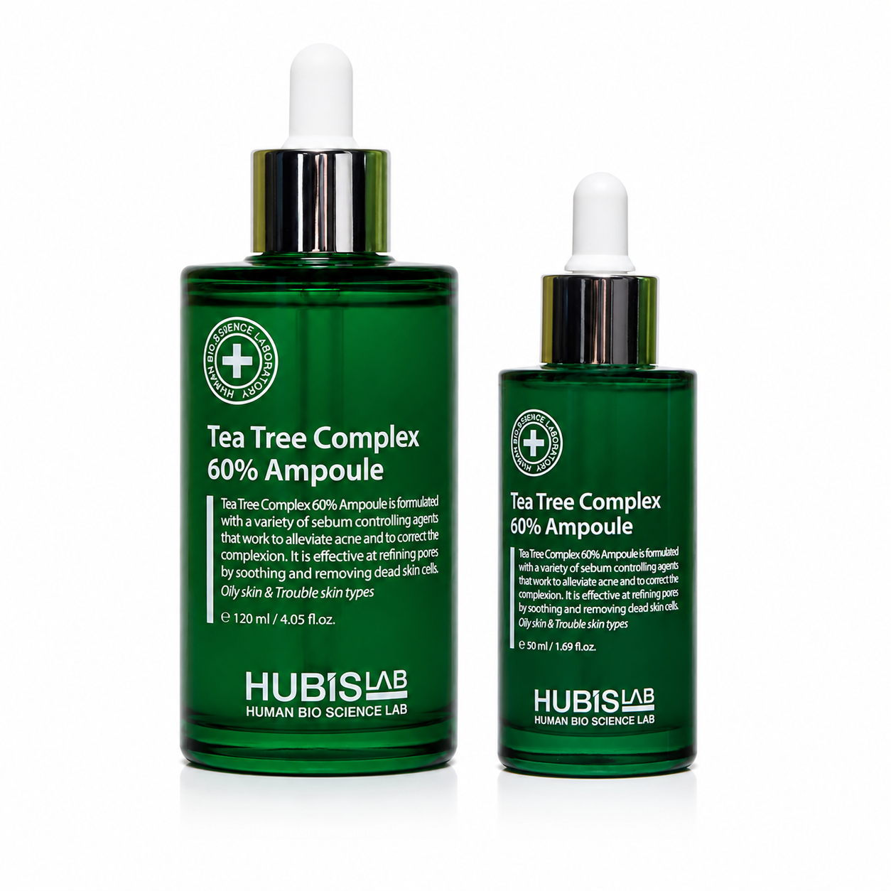 Hubislab Tea Tree Complex 60% Ampoule retail and professional size duo image.