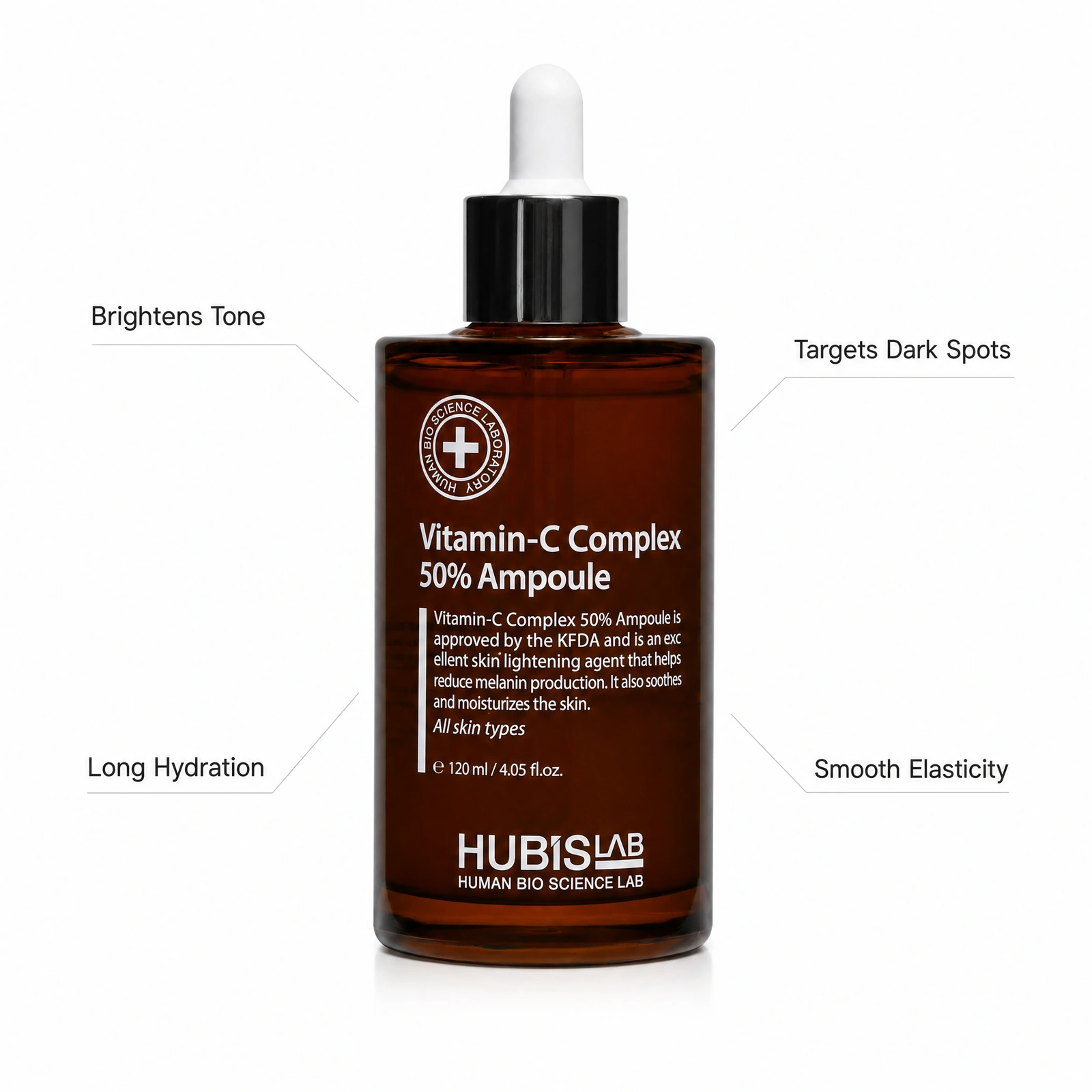 Hubislab Derma Max Vitamin-C Complex 50% Ampoule 120ml with professional benefit callouts for brightening tone, targeting dark spots, long hydration and smooth elasticity.