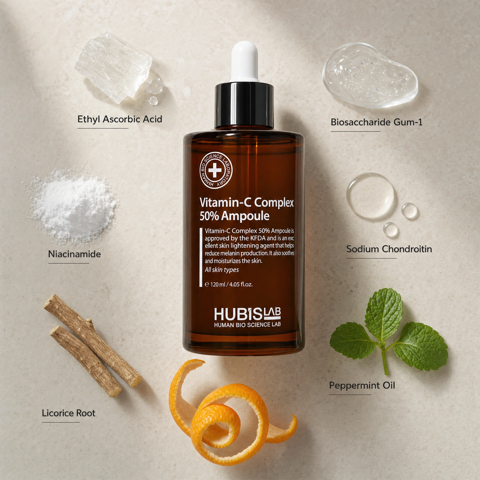 Hubislab Derma Max Vitamin-C Complex 50% Ampoule 120ml ingredient flatlay with Ethyl Ascorbic Acid, Niacinamide, Licorice Root, Biosaccharide Gum-1, Sodium Chondroitin and Peppermint Oil.