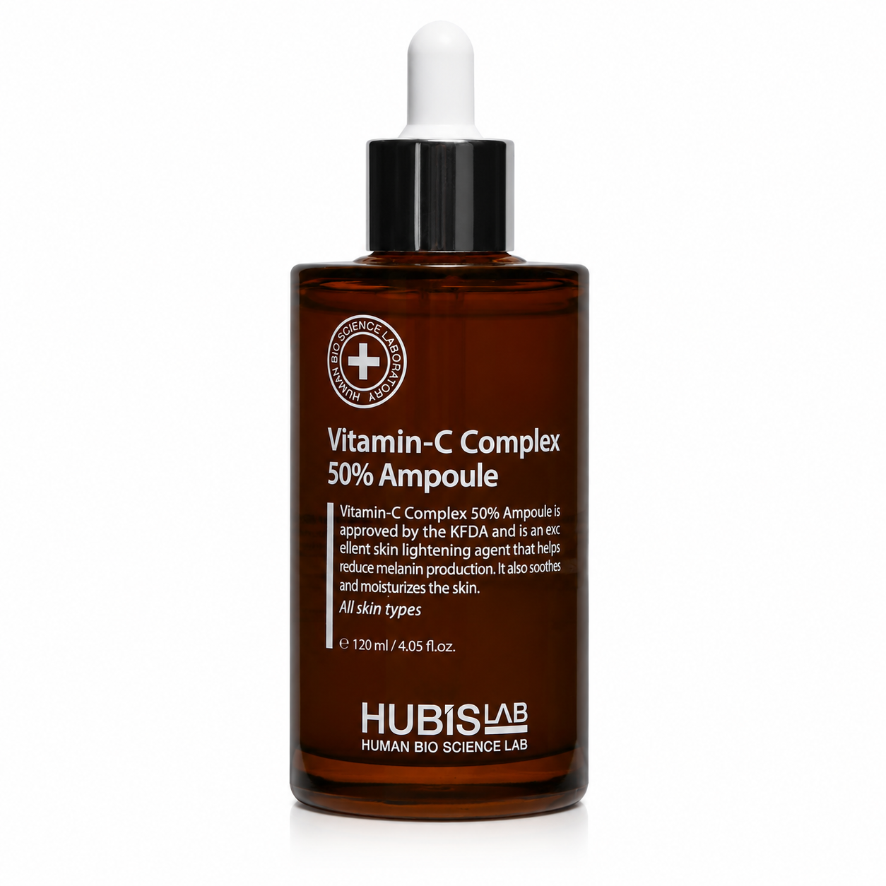 Hubislab Vitamin-C Complex 50% Ampoule 120ml dropper bottle on a clean white studio background.