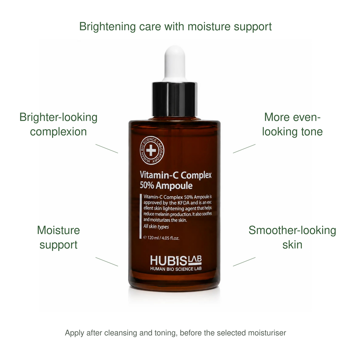 HUBISLAB vitamin c complex 50 ampoule benefits: Brighter-looking complexion, More even-looking tone, Moisture support, Smoother-looking skin.