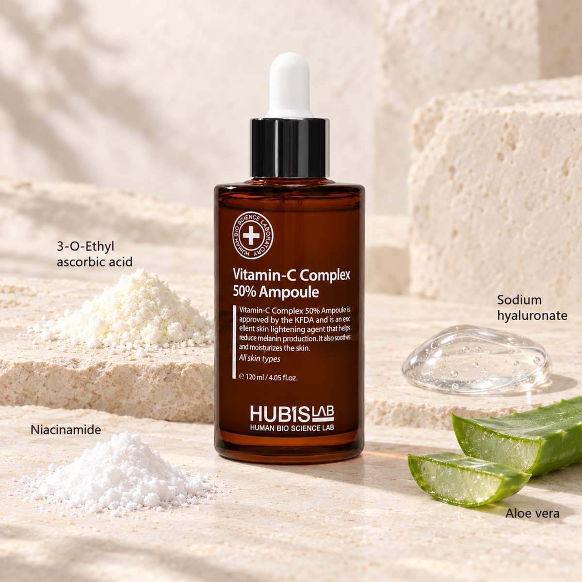 HUBISLAB vitamin c complex 50 ampoule with an illustrative ingredient composition labelled 3-O-Ethyl ascorbic acid, Niacinamide, Sodium hyaluronate, Aloe vera.