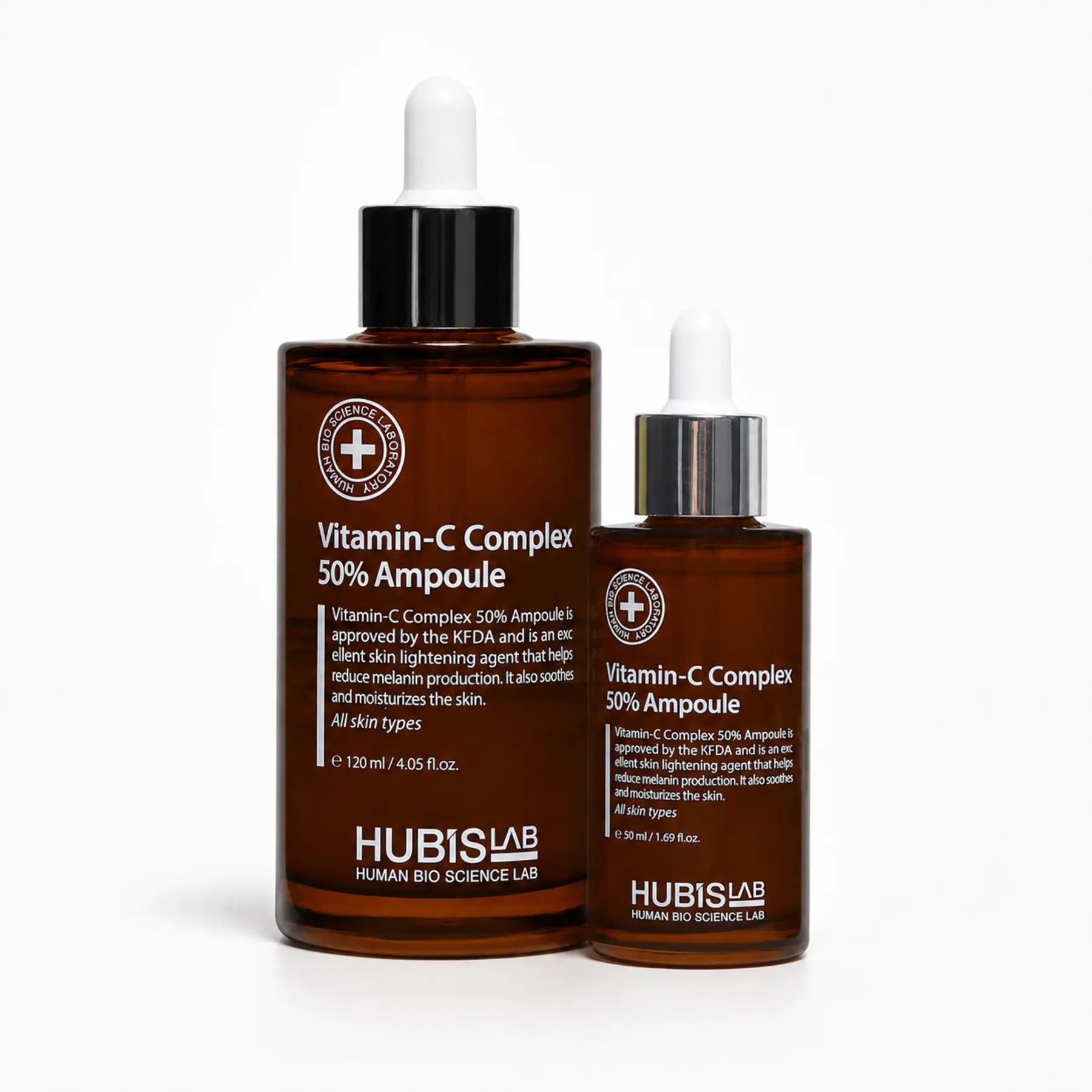 HUBISLAB Vitamin-C Complex 50% Ampoule professional 120 ml and retail 50 ml bottles.