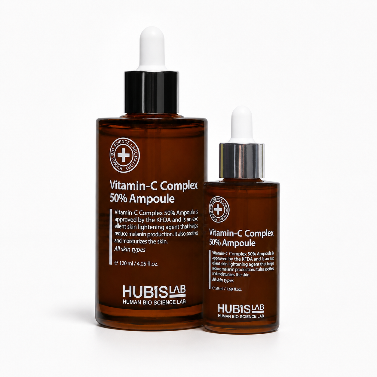 Hubislab Vitamin-C Complex 50% Ampoule retail and professional variant image showing the 50ml retail dropper bottle and 120ml professional dropper bottle together on a clean white background.