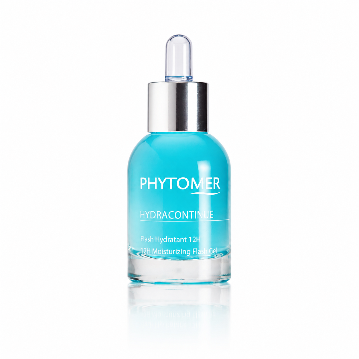 A clear glass bottle with a dropper containing blue liquid, labeled 'PHYTOMER HYDRACONTINUE 12h Moisturizing Flash Gel'.