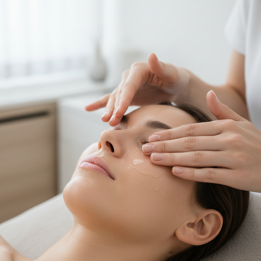 Woman receiving a facial massage in a spa