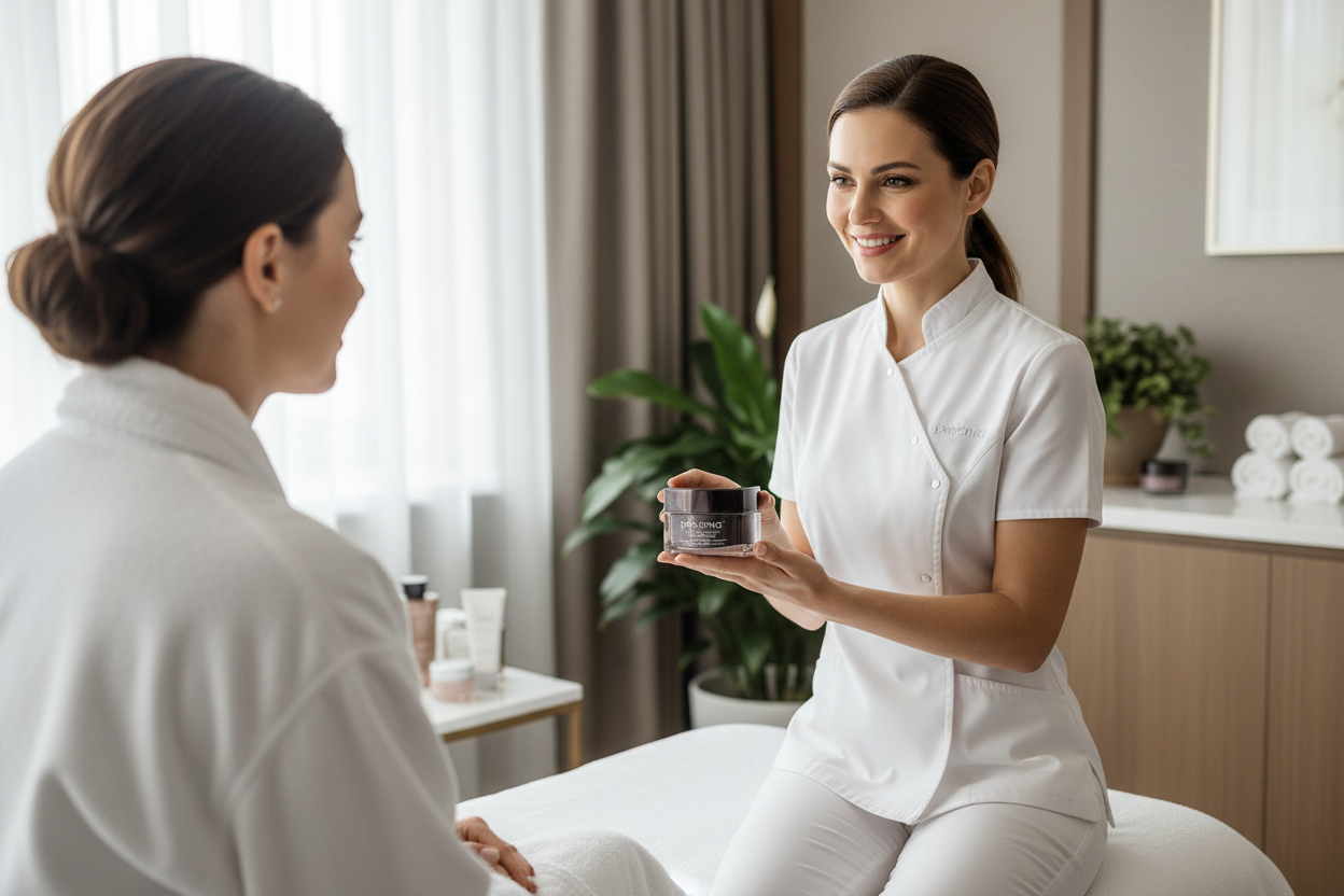 Woman in a white coat holding a jar of cream, sitting next to another woman in a spa setting.