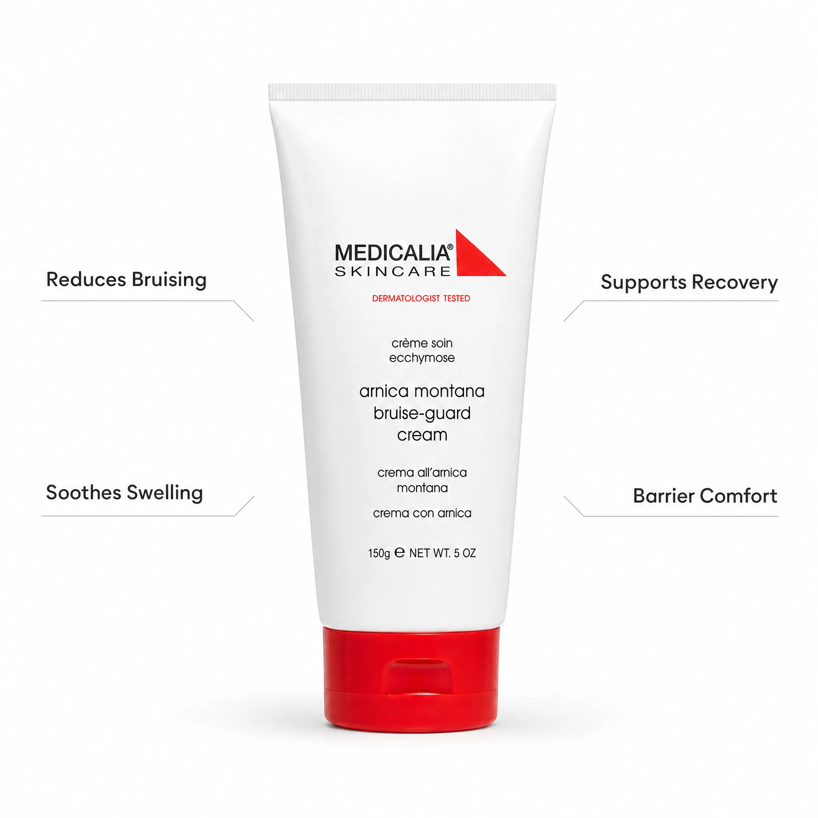 Medicalia Arnica Montana Bruise-Guard Cream 150g with professional benefit callouts for reducing bruising, supporting recovery, soothing swelling and barrier comfort.