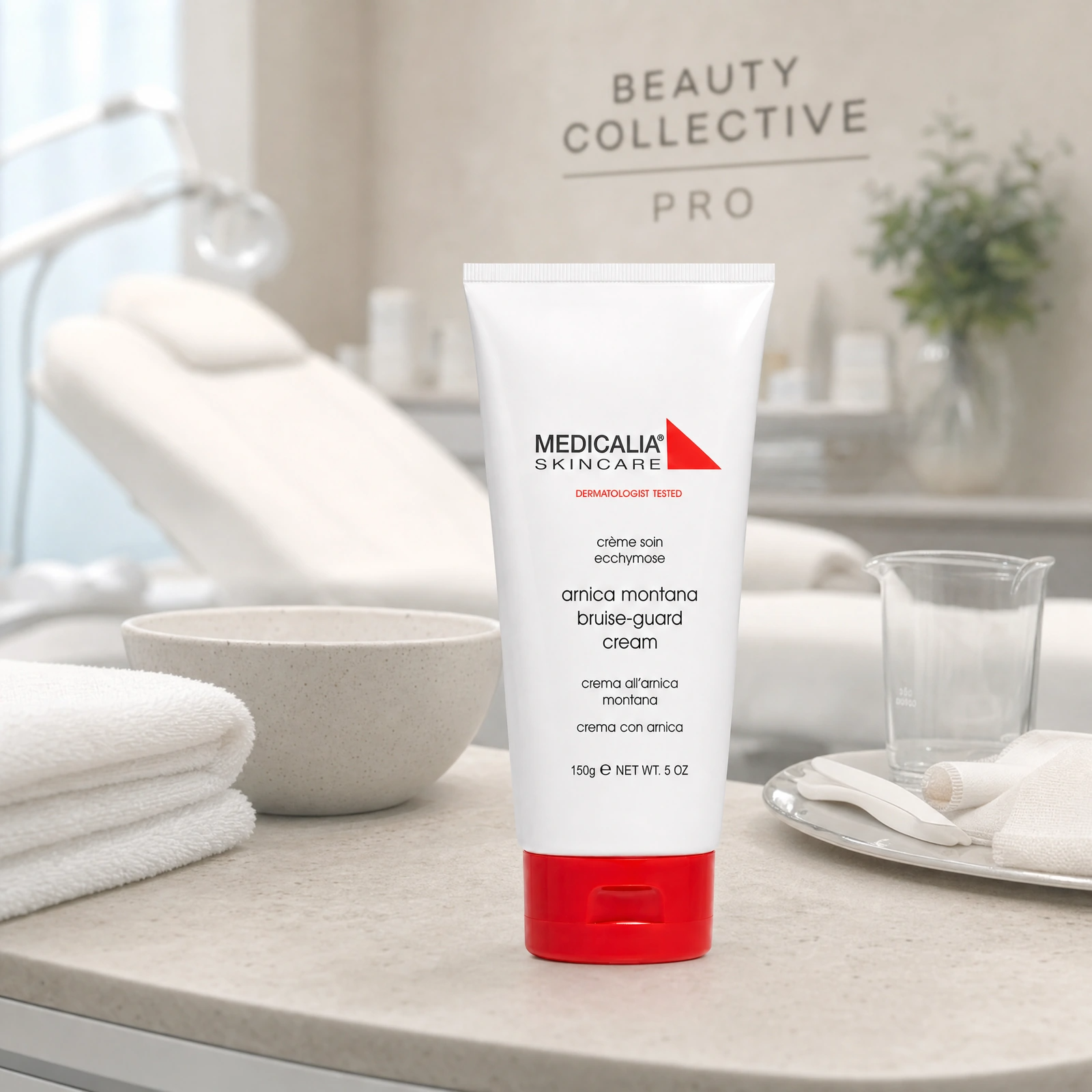 Medicalia Arnica Montana Bruise-Guard Cream 150g displayed in a premium clinical treatment-room setting for pre and post-procedure skin recovery support.