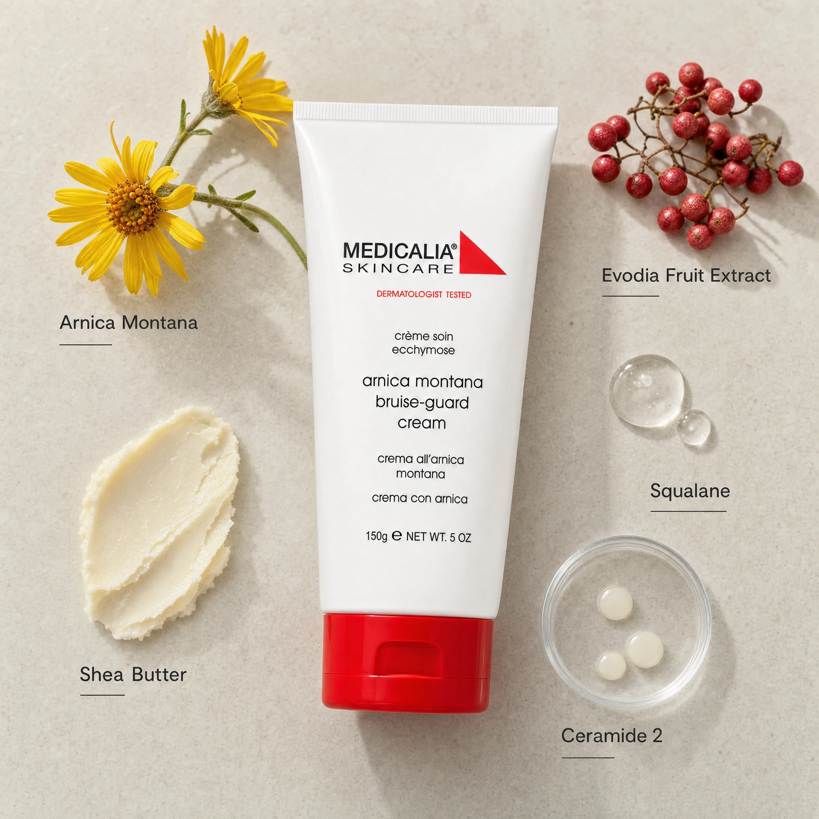 Medicalia Arnica Montana Bruise-Guard Cream 150g ingredient flatlay with Arnica Montana, Evodia Fruit Extract, Ceramide 2, Shea Butter and Squalane.