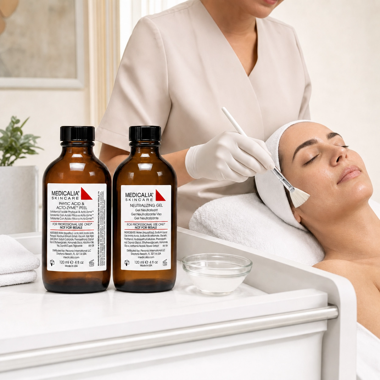 Woman receiving a Medicalia peeling treatment with Medicalia skincare products on a counter.
