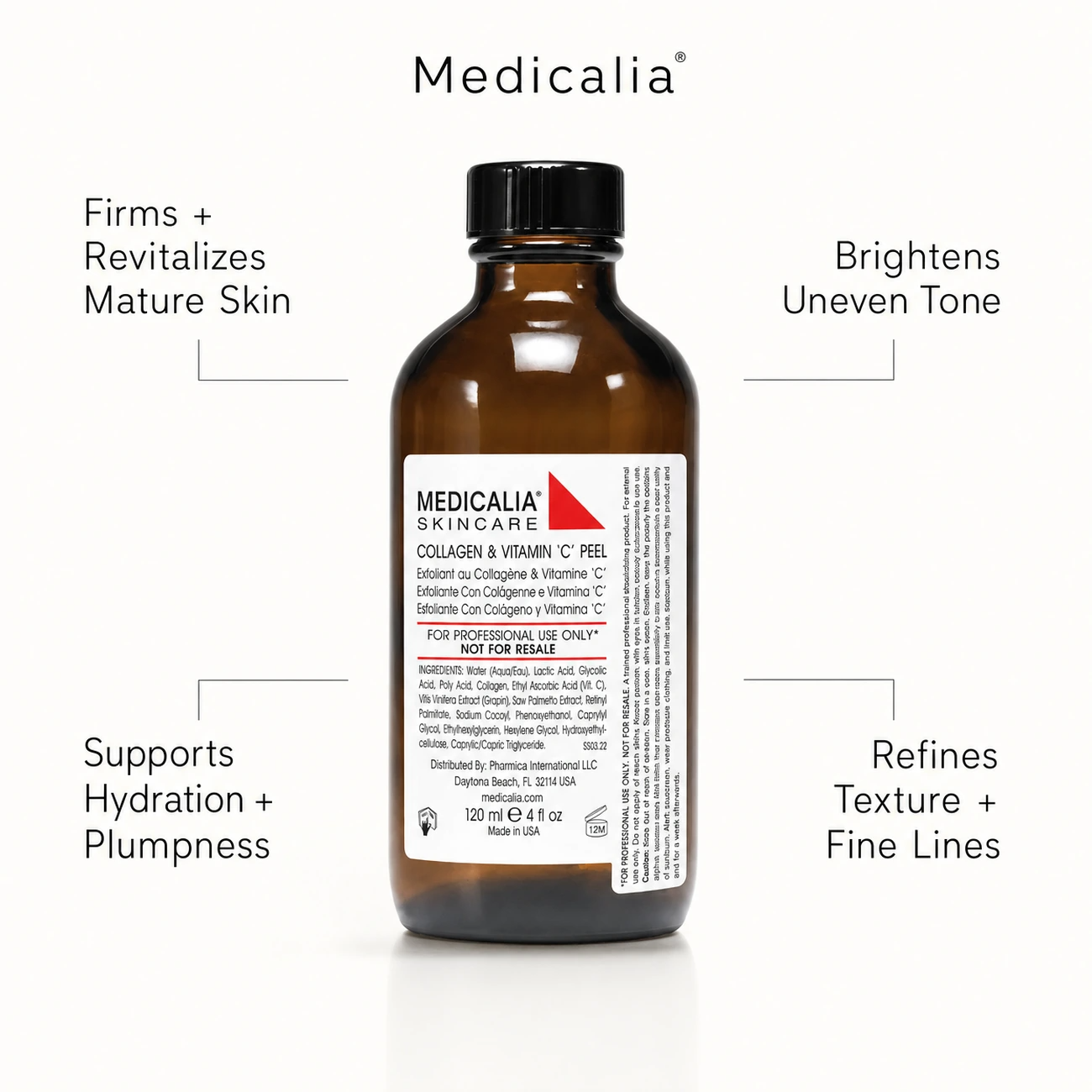 Medicalia Collagen and Vitamin C Peel 120ml professional benefit callout for mature skin firmness, brightening and texture refinement.