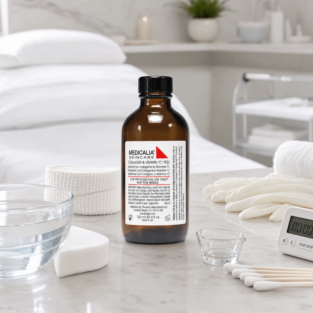 Medicalia Collagen and Vitamin C Peel 120ml styled as a professional medi-clinic peeling treatment product for trained therapists.