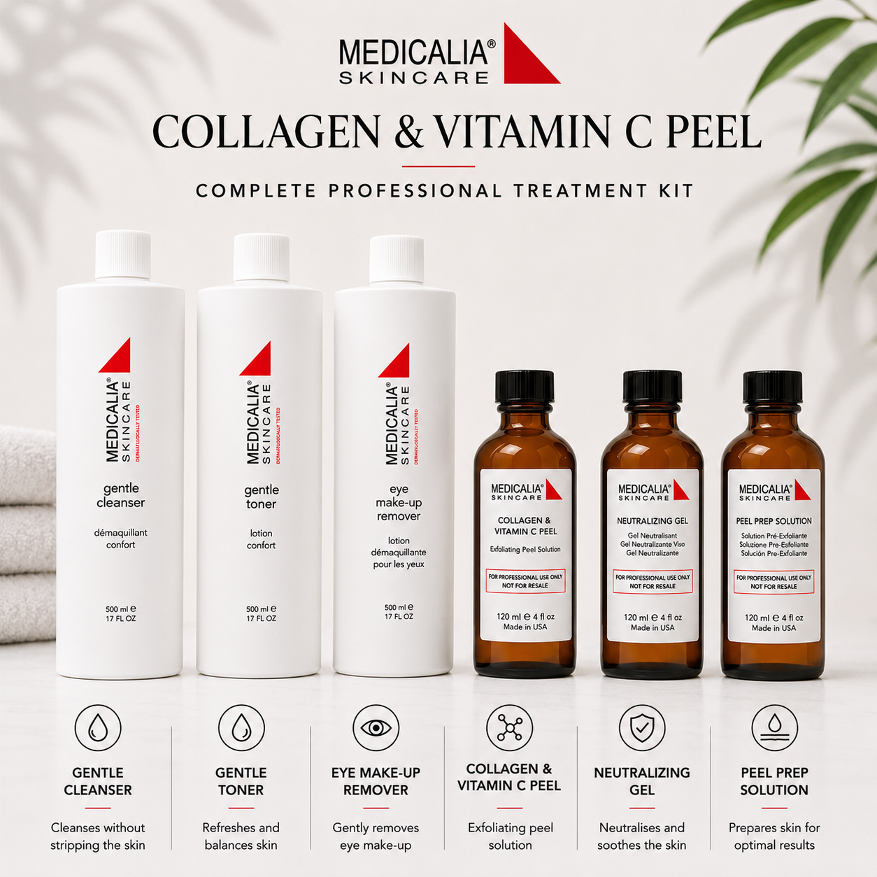 Medicalia Collagen & Vitamin C Peel complete professional treatment kit with gentle cleanser, gentle toner, eye make-up remover, peel, neutralizing gel and peel prep solution.