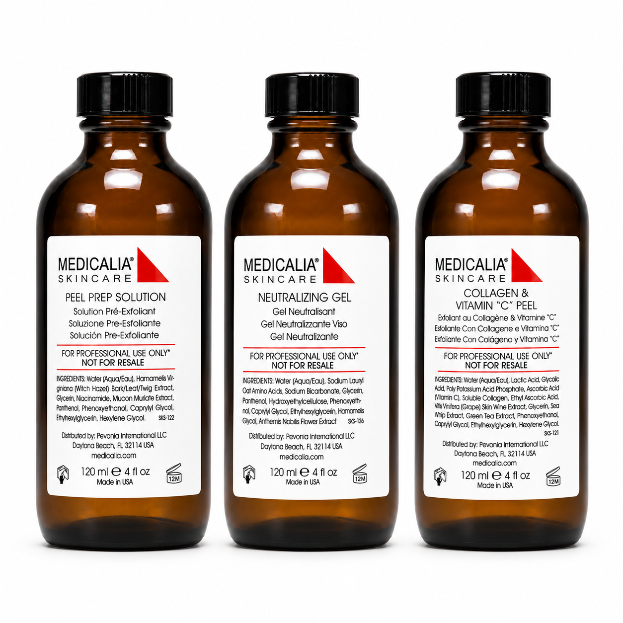Medicalia Peel Prep Solution, Neutralizing Gel and Collagen & Vitamin C Peel 120ml bottles displayed together for medi clinic peeling treatments.