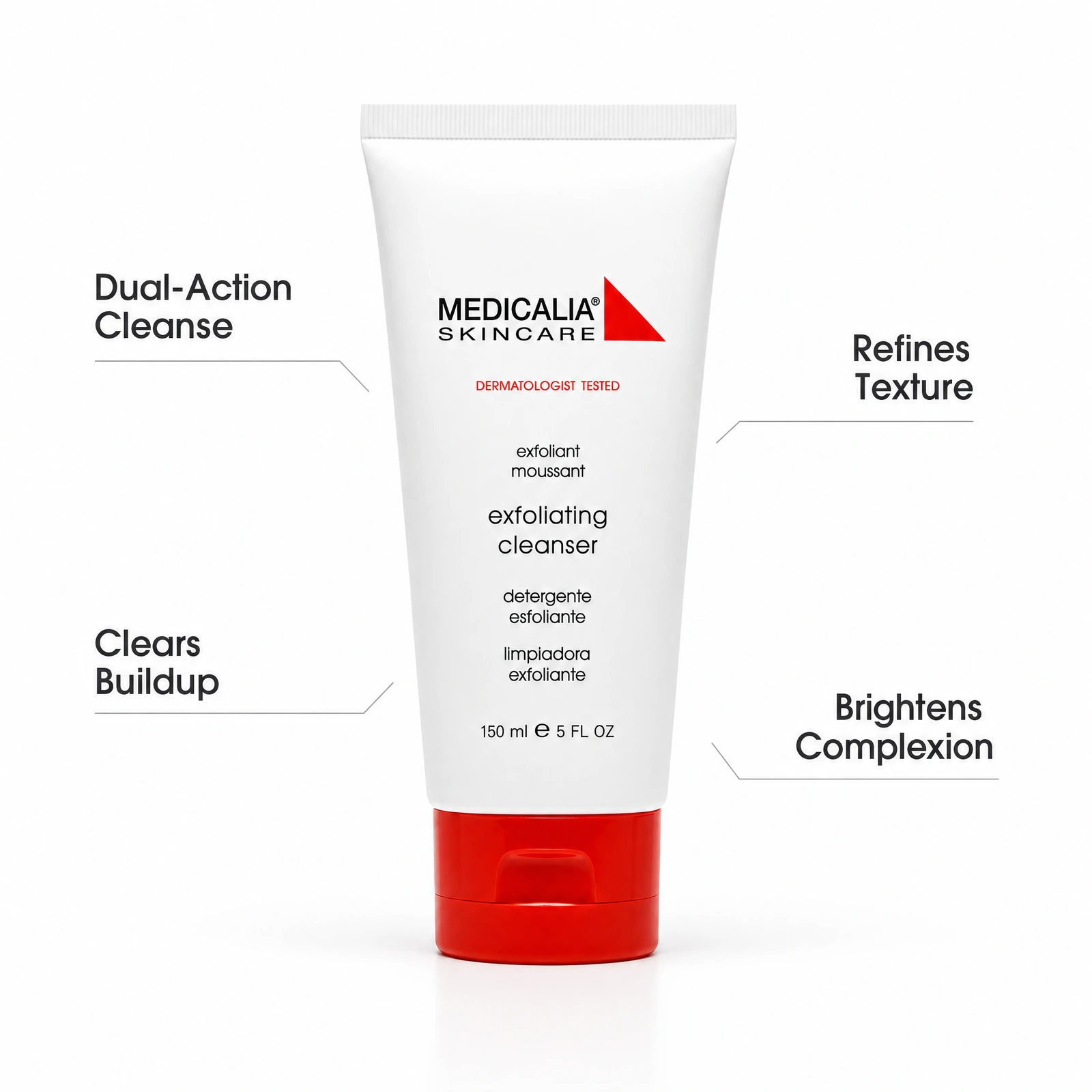 Medicalia Exfoliating Cleanser 150ml with professional benefit callouts for dual-action cleanse, refining texture, clearing buildup and brightening the complexion.