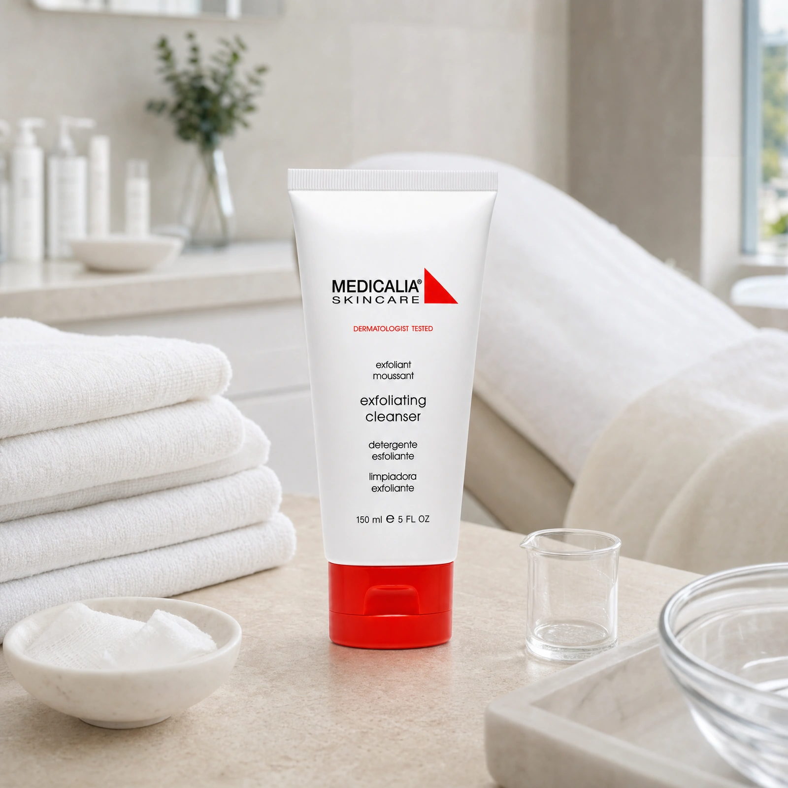 Medicalia Exfoliating Cleanser 150ml displayed in a premium clinical treatment-room setting for professional exfoliating cleanse and skin-preparation protocols.