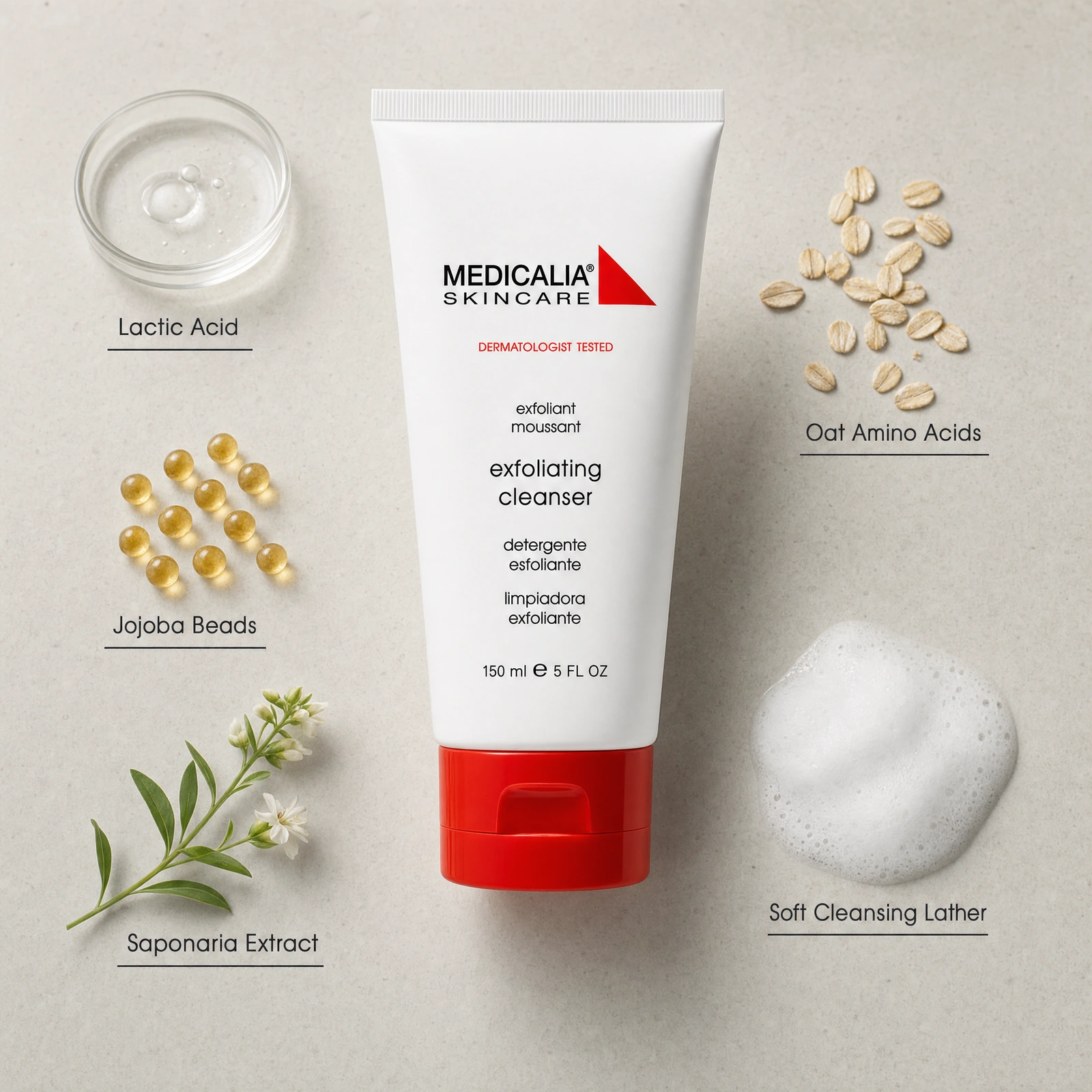 Medicalia Exfoliating Cleanser 150ml ingredient flatlay with Lactic Acid, Jojoba Beads, Saponaria Extract, Oat Amino Acids and Soft Cleansing Lather.