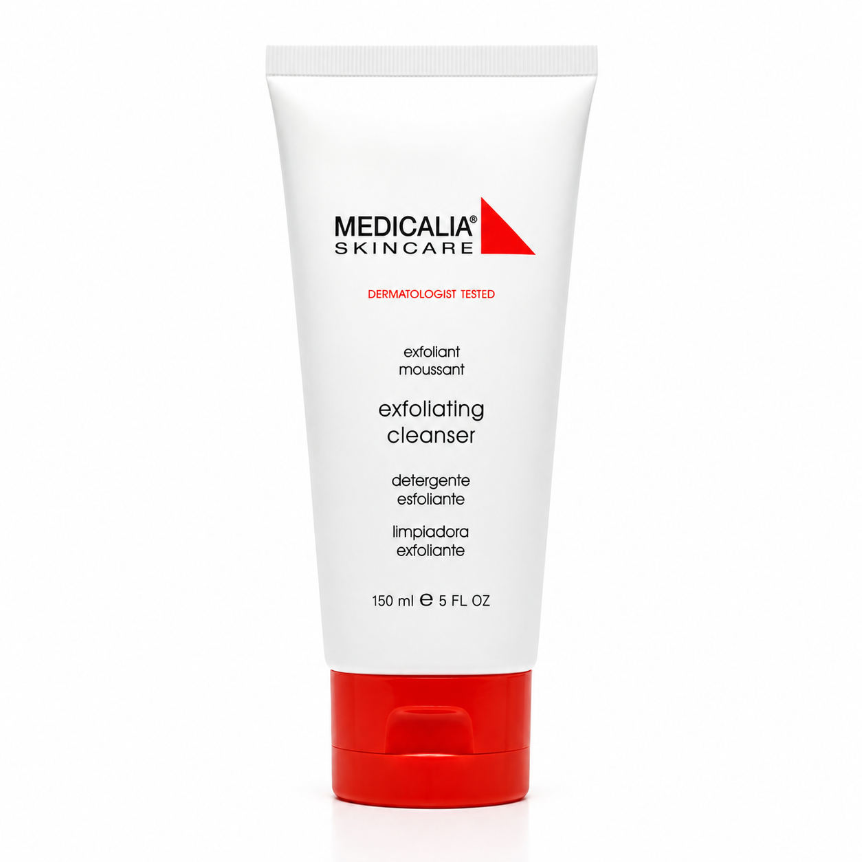 Medicalia Exfoliating Cleanser 150ml tube on a clean white studio background.