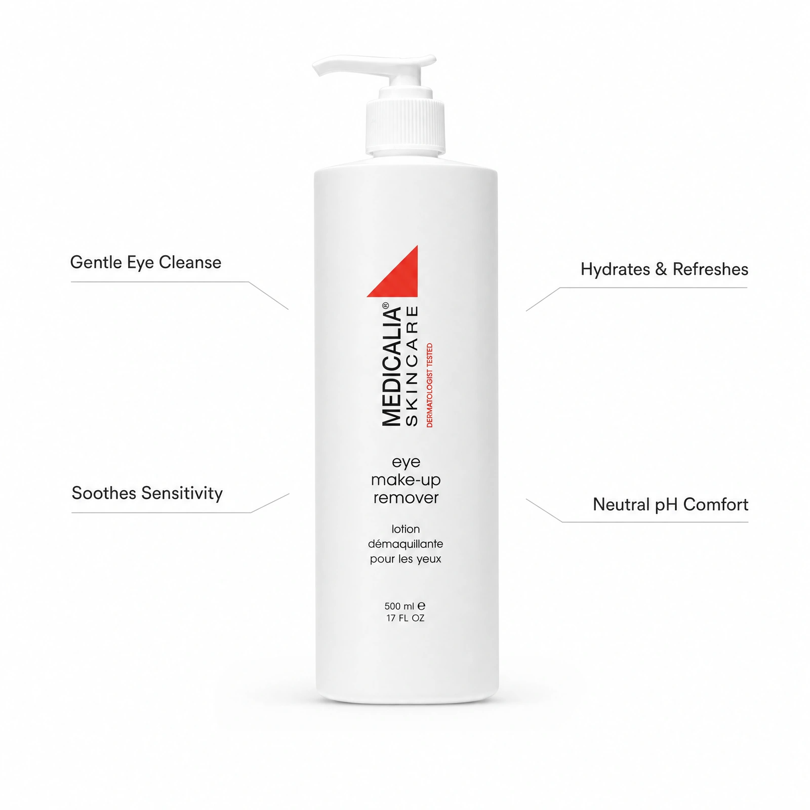 Medicalia Eye Makeup Remover 500ml with professional benefit callouts for gentle eye cleansing, hydration, sensitivity support and neutral pH comfort.