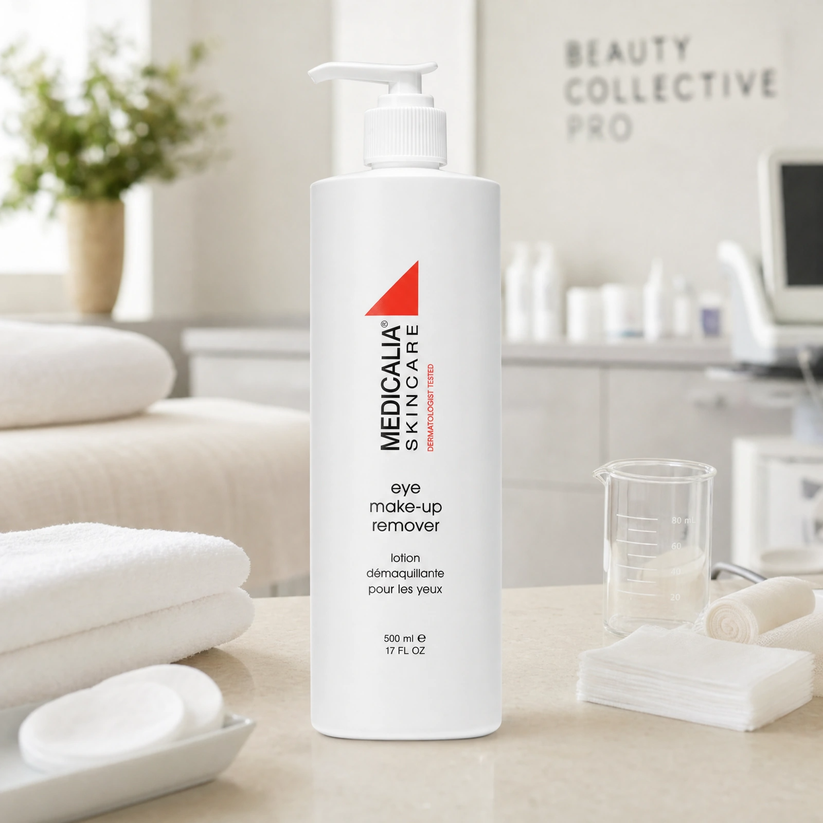 Medicalia Eye Makeup Remover 500ml displayed in a premium clinical treatment-room setting for professional eye-area cleansing and makeup removal protocols.