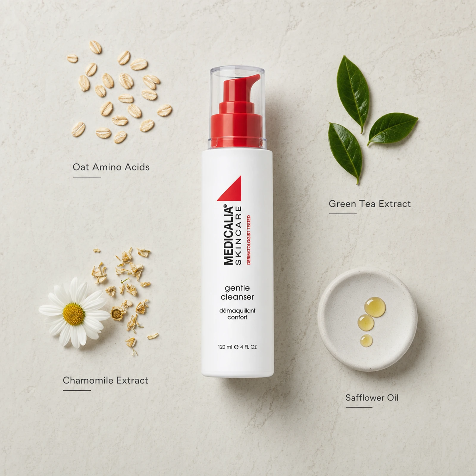 Medicalia Gentle Cleanser 120ml flatlay with key ingredients Oat Amino Acids, Chamomile Extract, Green Tea Extract, and Safflower Oil.
