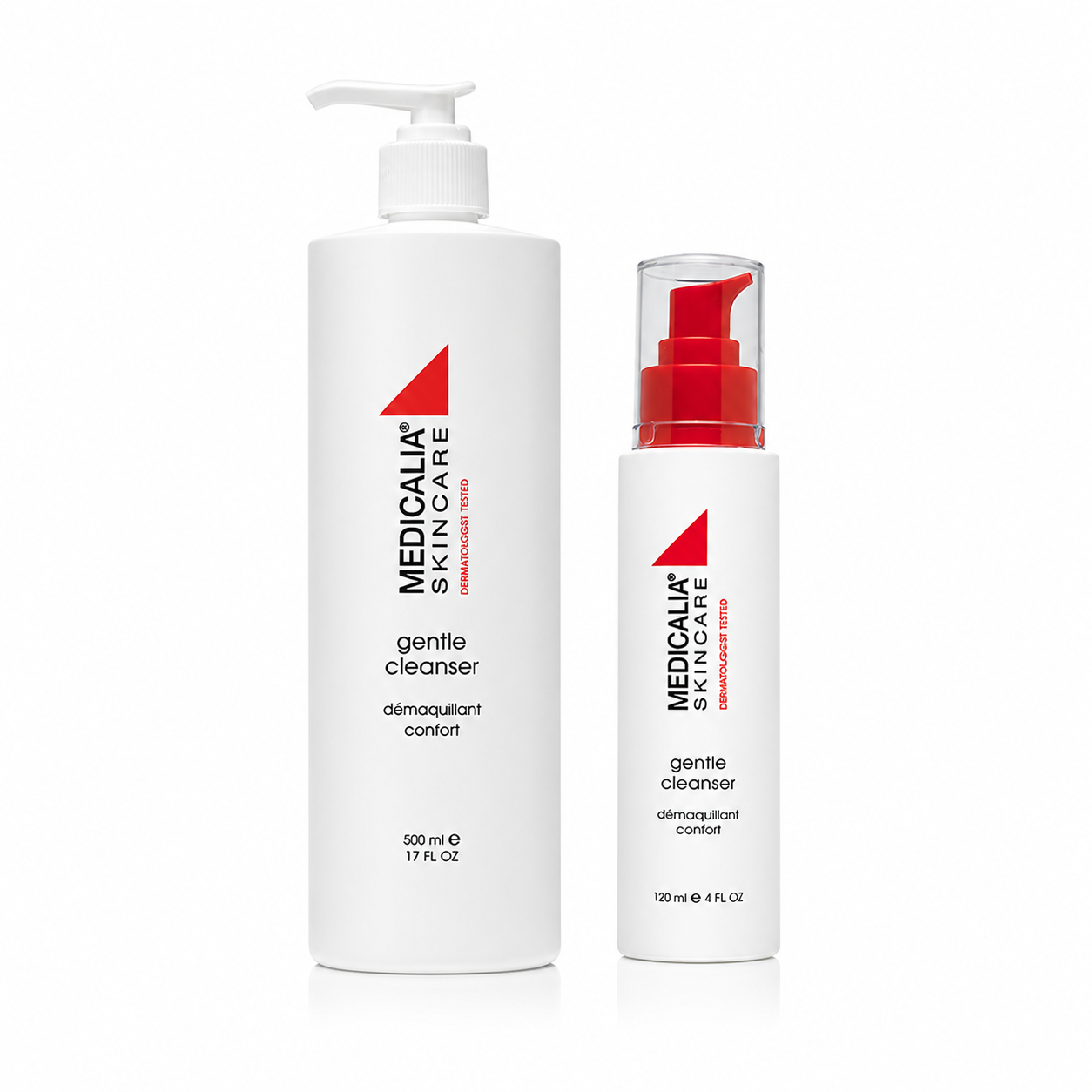 Medicalia Gentle Cleanser 500ml professional bottle and 120ml retail bottle duo for gentle daily cleansing