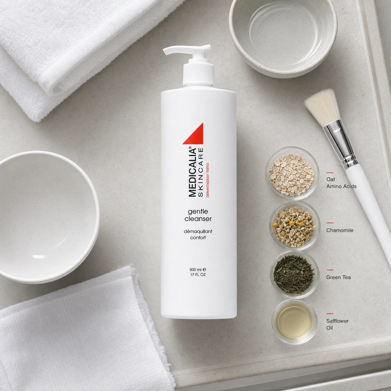 Medicalia Gentle Cleanser 500ml treatment-support flatlay with professional cleansing tools and key calming ingredient references.
