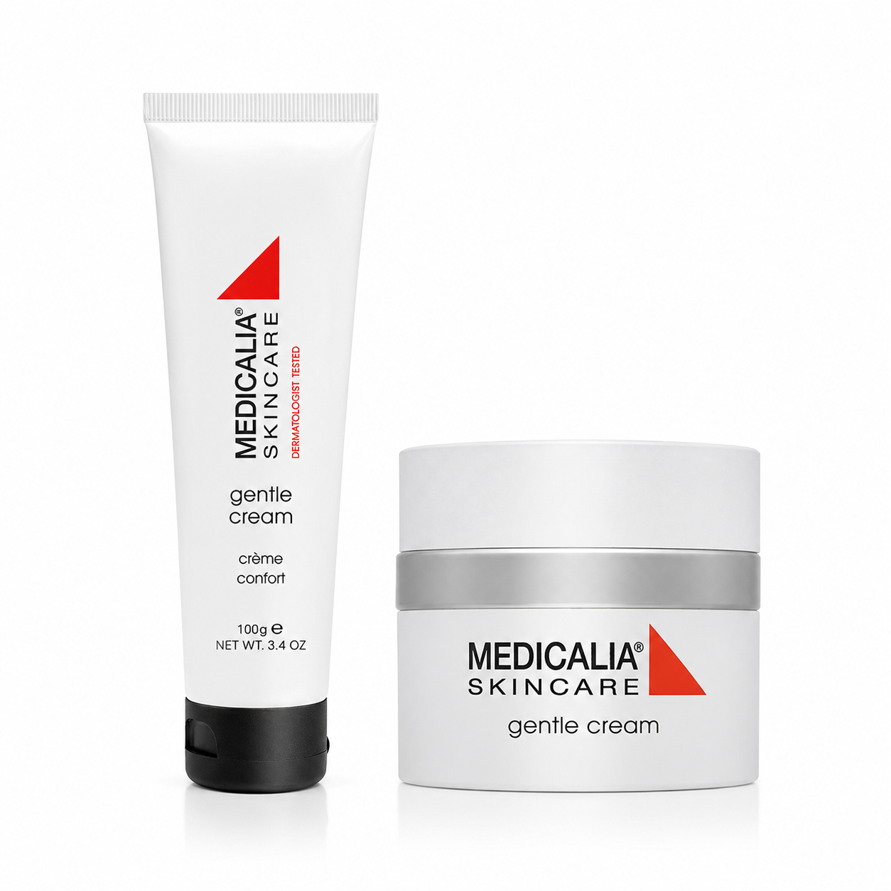 Medicalia Gentle Cream 100g professional tube and 50g retail jar duo for calming and moisturising sensitive skin