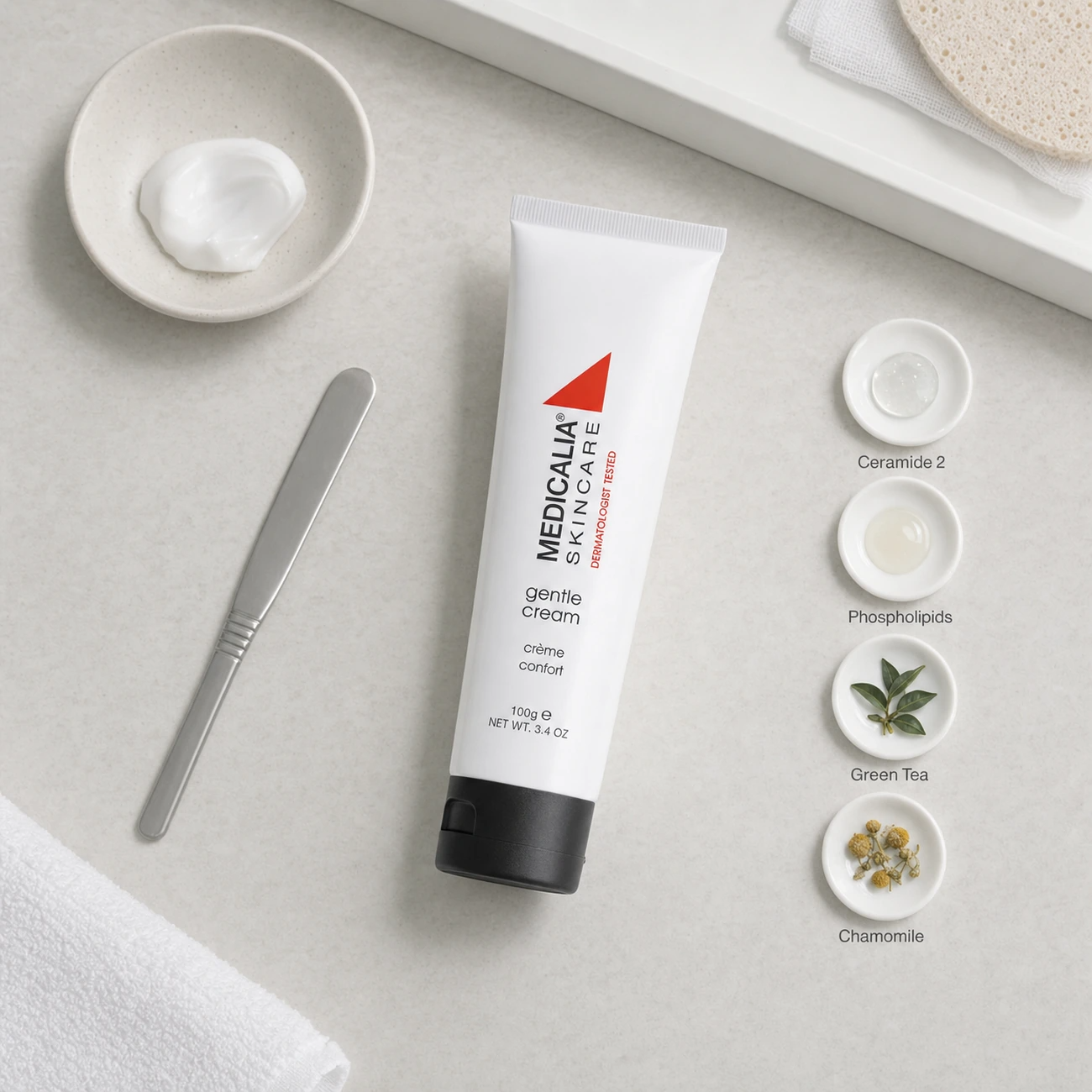 Medicalia Gentle Cream 100g treatment-support flatlay with professional finishing cues and key barrier-support ingredient references.