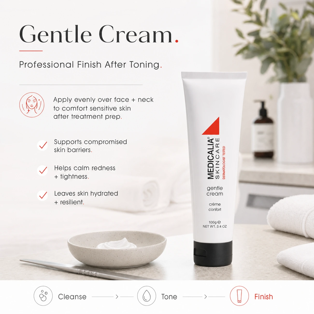 Medicalia Gentle Cream 100g professional usage education image showing application after toning as a comfort and barrier-support finishing step.