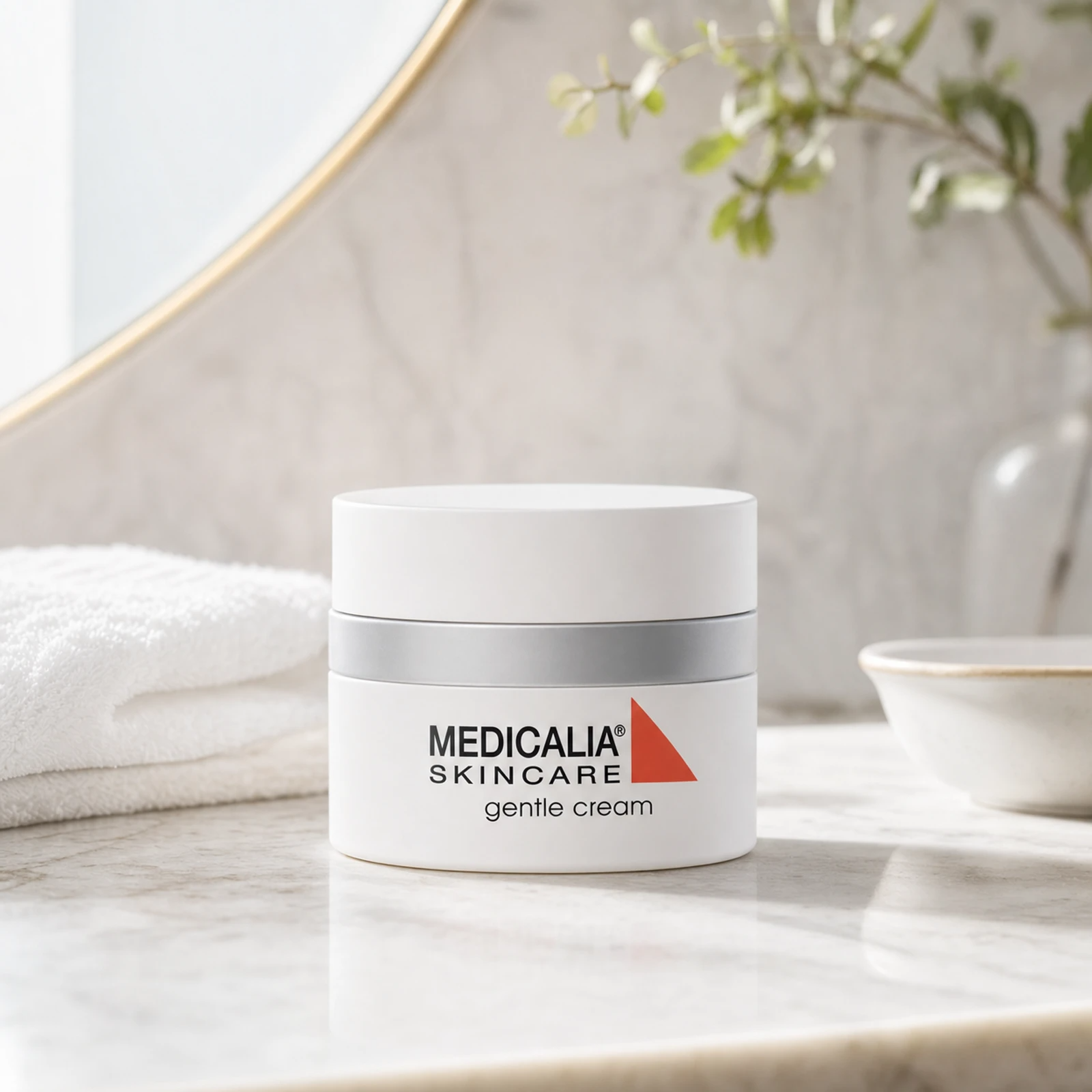 Medicalia Gentle Cream 50ml on a premium bathroom vanity, a soothing restorative cream for sensitive, dry, and rosacea-prone skin.